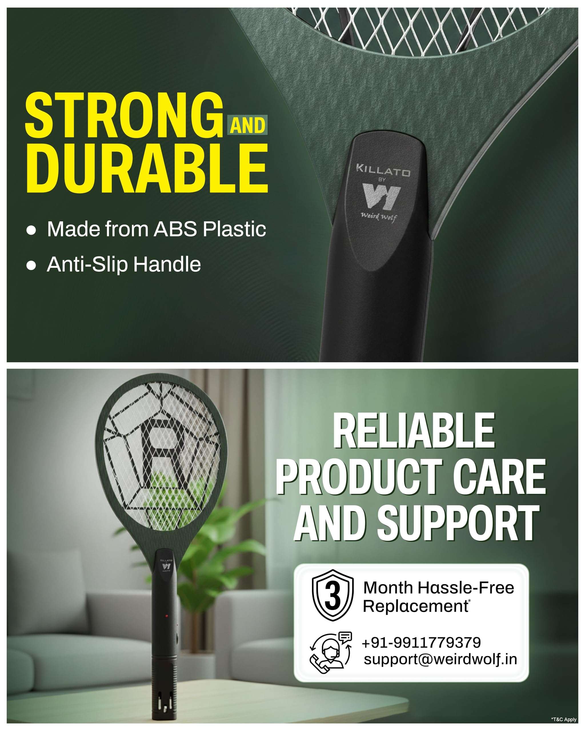 Weird Wolf Heavy Duty Mosquito Bat | Rechargeable Electric Fly Swatter with Inbuilt 2-Pin Plug | High Voltage Mosquito Killer Racket | ABS Body | 3 Months Warranty (Dark Green) 6