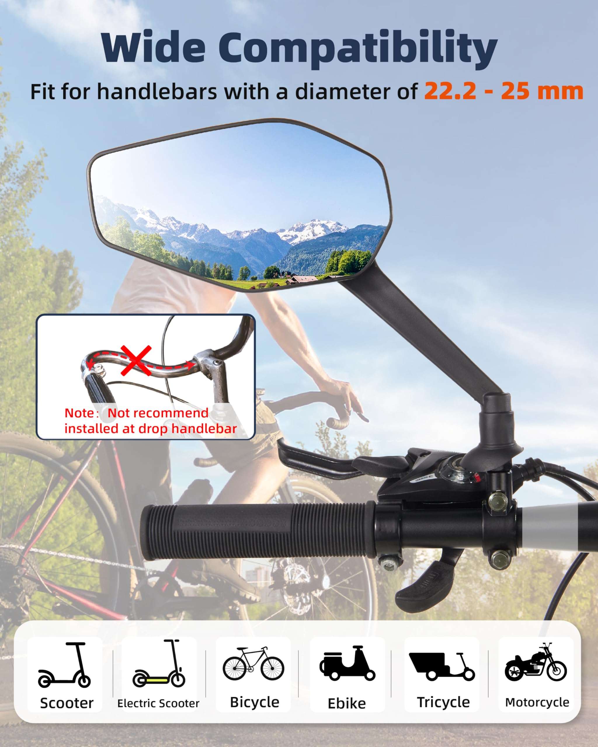 Bike Mirror, Bike Mirror Handlebar Mount, 360° Adjustable Safety Rear View Mirror, Scratch Resistant Glass Lens, Fit for Mountain Bike, Road Bike, E-bike, Scooter, Left Side 6