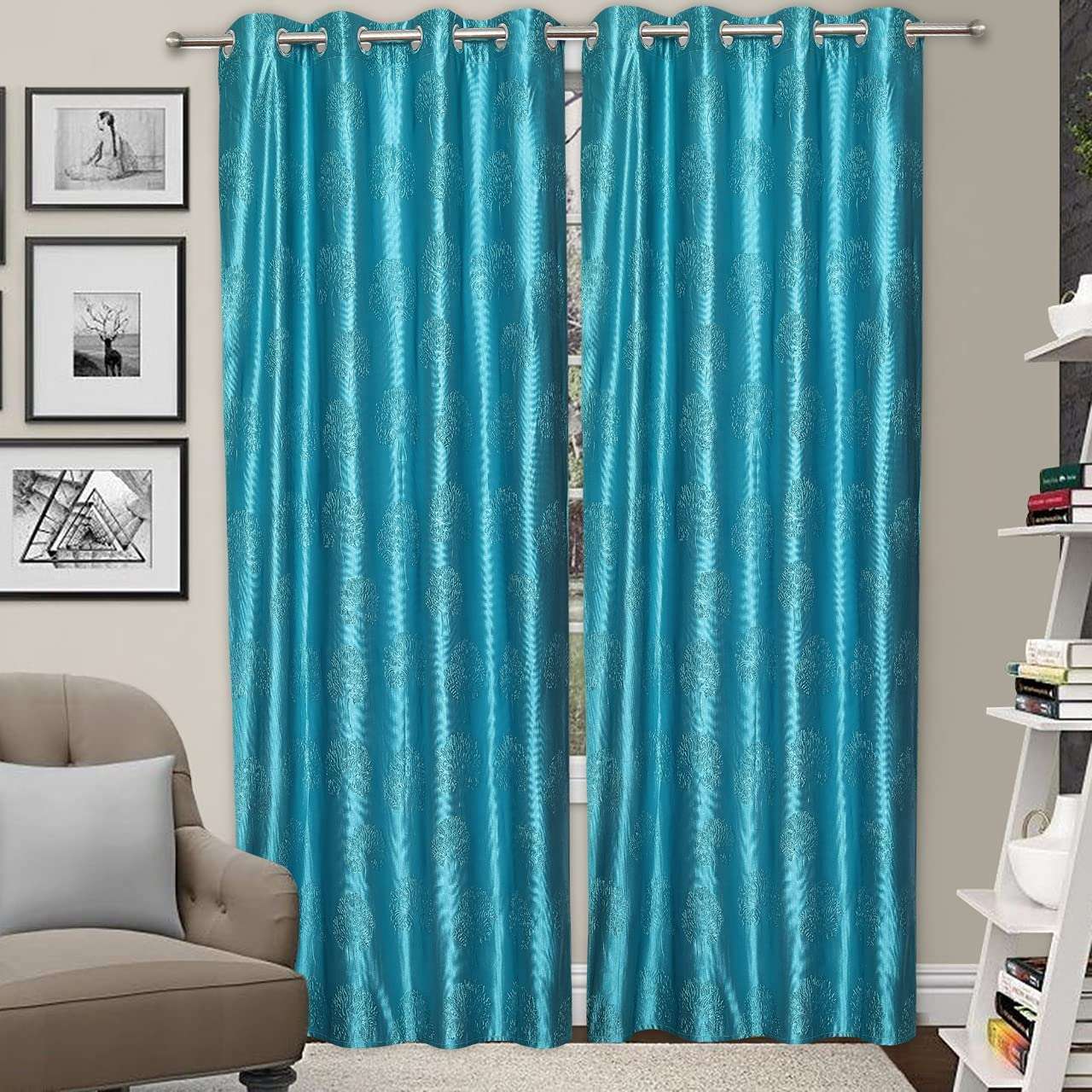 GRIHSHOBHA Heavy Polyester Tree Punch Grommet Top Room Darkening Combo Panel Drape Thermal Insulated Window Door Curtains Parde for Bedroom, Living Room Home (Door 7 Feet, Cream Aqua) - Set of 3 5