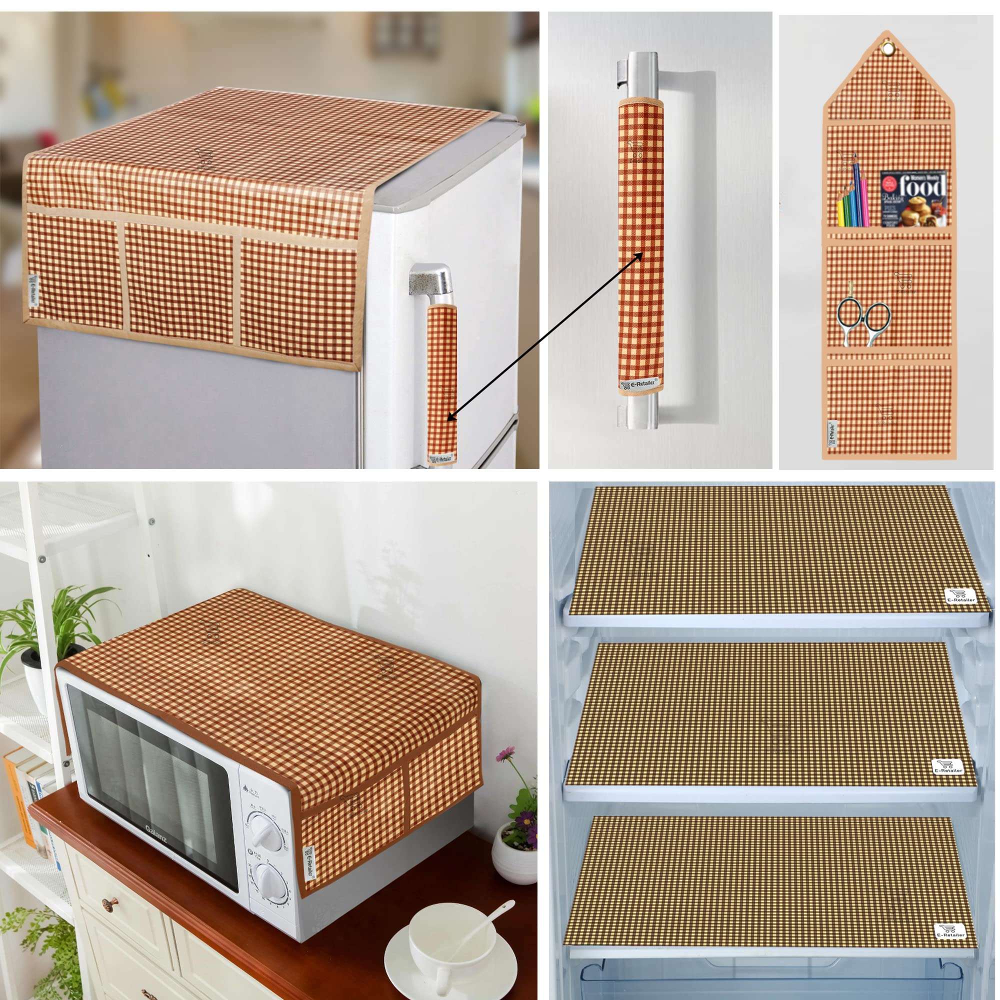 E-Retailer® Exclusive Combo Set of Appliance Cover (1Pc. of Refrigerator Top Cover, 1Pc. Handle Cover, 3Pc. Fridge Mat, 1. Oven Cover, 1Pc Wall Hanging Storage Organizer) (Check Brown, Set of 7Pcs.) 1