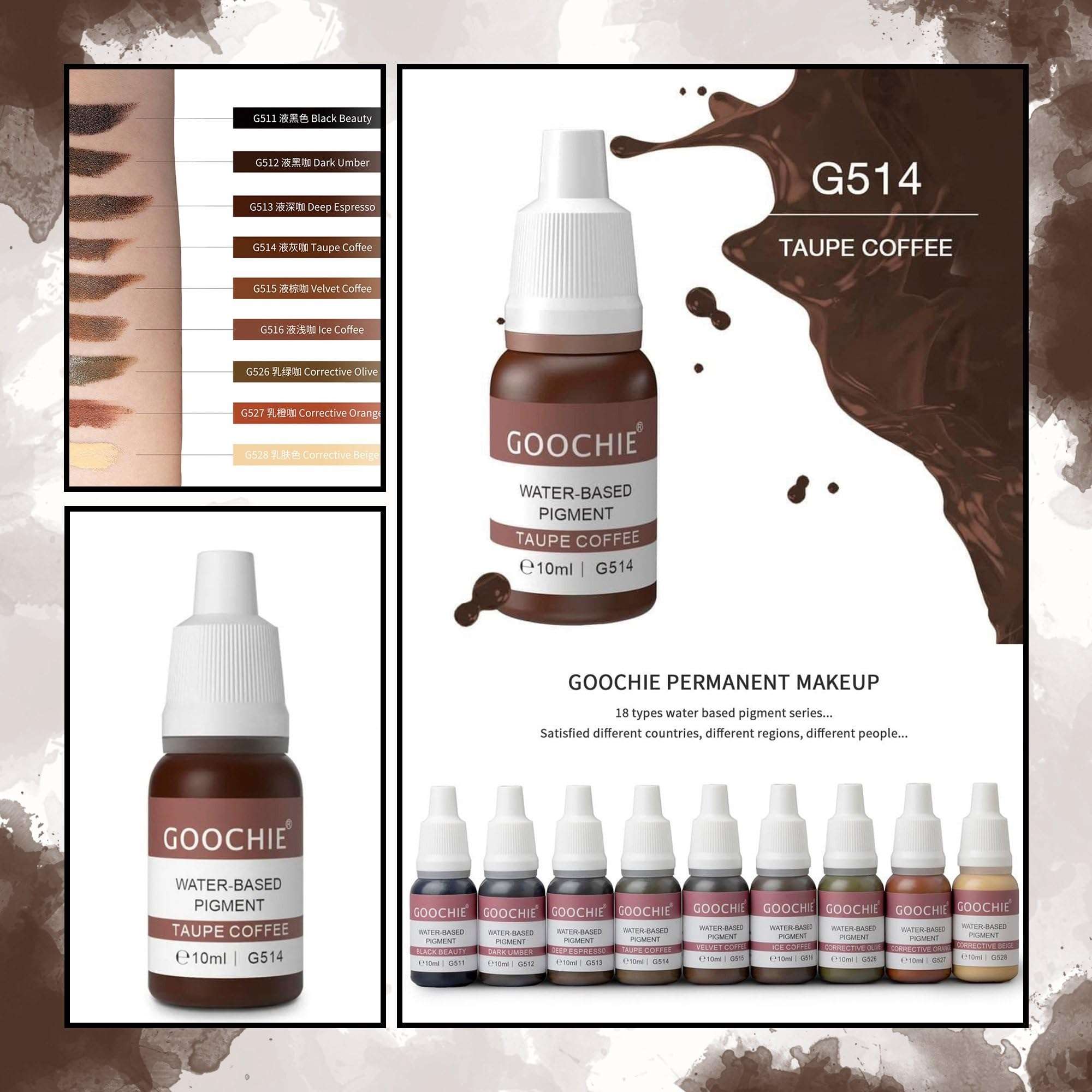 Goochie Superior Semi Organic Liquid Water Based Micro Pigment EU Standard Machine Permanent Makeup Pigment 10ml Eyebrow Pigment Taupe Coffee - G514 5
