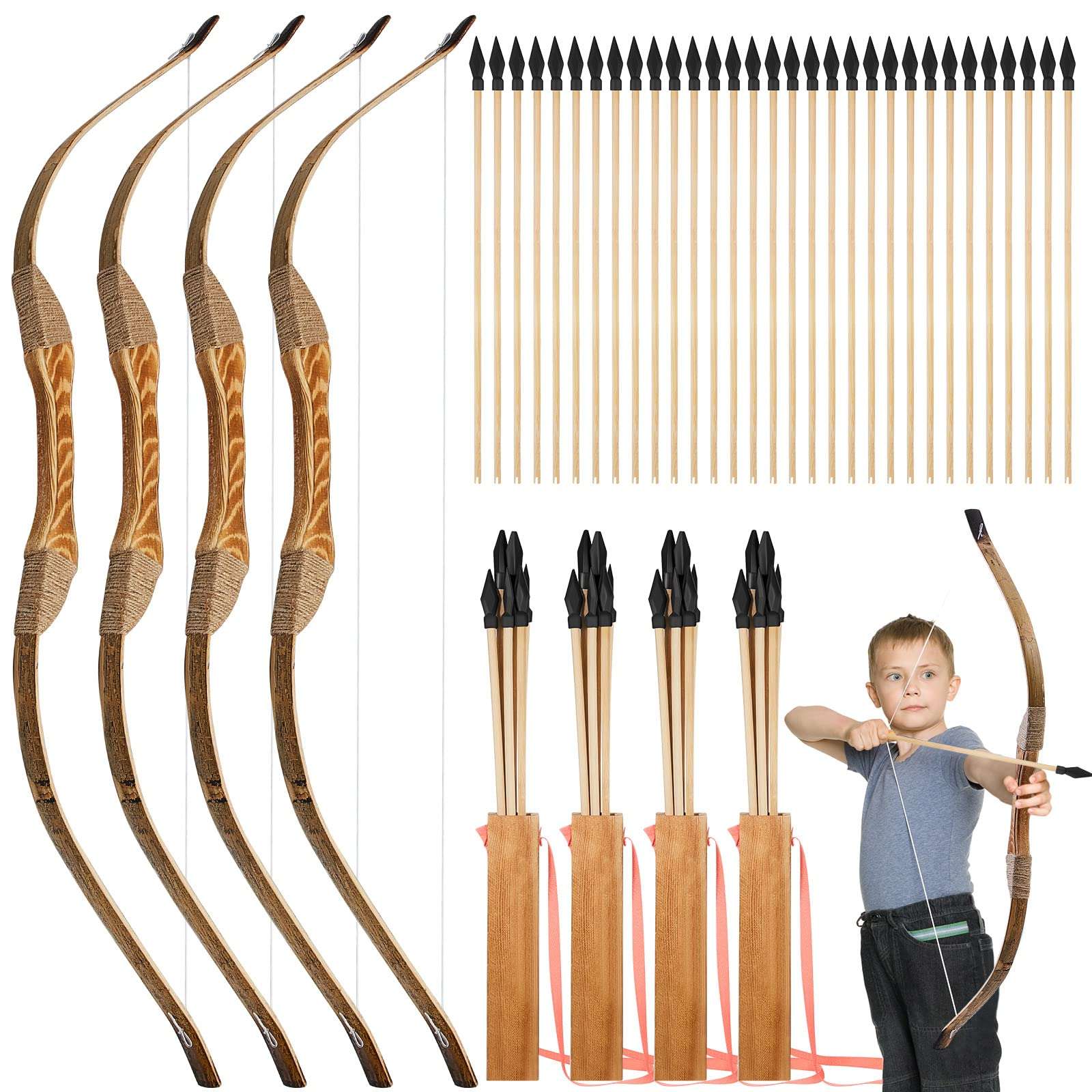 Lenwen 4 Sets Wooden Bow and Arrow Archery Set Includes Wooden Bow Wood Arrows and Arrow Holders Handmade 32 Inch Toy Bow and Arrow Archery Set Outdoor Indoor Games Toys Gifts for Youth (Brown)