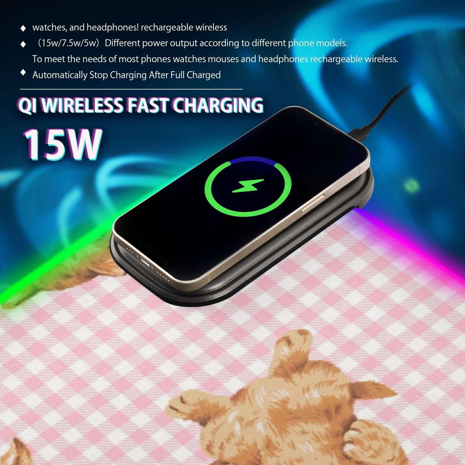 Lovely Cat Wireless Charging Mouse Pad for Mobile Phone Extra Large Gaming Mousepad with 13 Lighting Modes Computer Mat for Office Home Gaming MacBook PC Laptop Desk 3