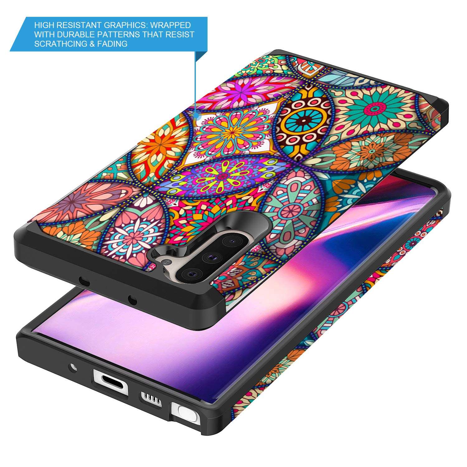 Rosebono Compatible with Samsung Galaxy Note 10 Plus Case, Slim Hybrid Dual Layer Shockproof Hard Cover Graphic Fashion Cute Skin Cover Armor Case for Samsung Galaxy Note 10+ (Colorful Mandala) 3