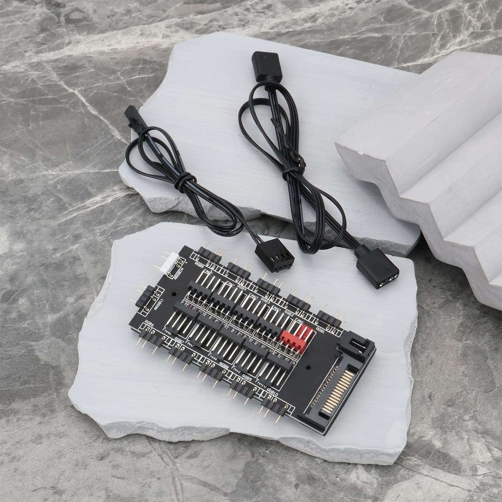 Micro Traders 2-in-1 Synchronous RGB Control Hub PWM 4pin and 5V 3pin ARGB GPU Fan Lighting Control with Sata Power Port Expansion Motherboard Interface 6