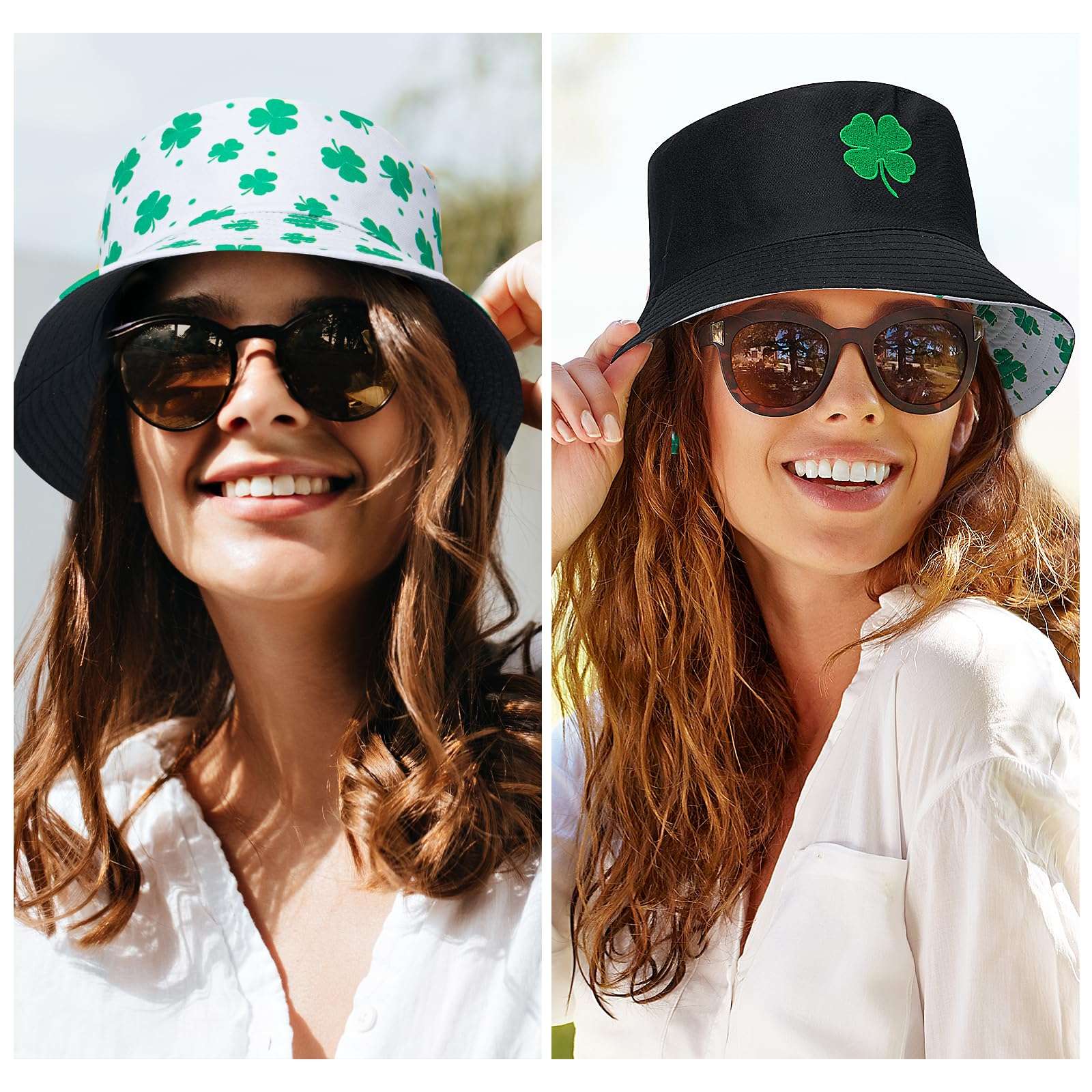 St Patricks Day Bucket Hat Embroidery Lucky Charm Clover Fisherman Hat Double-Side Outdoor Reversible Cap for Men Women Adults 6