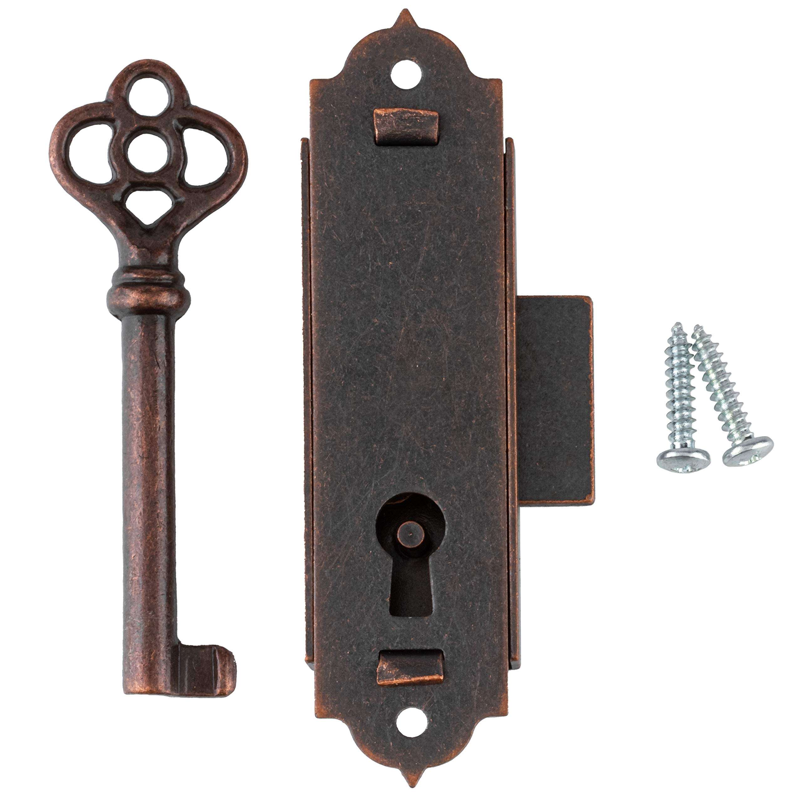 Antique Copper Narrow Flush Mount Grandfather Clock or Cabinet Door Lock with Key - Vintage Lock and Key for Furniture Doors and Drawers | UA-039-L 1