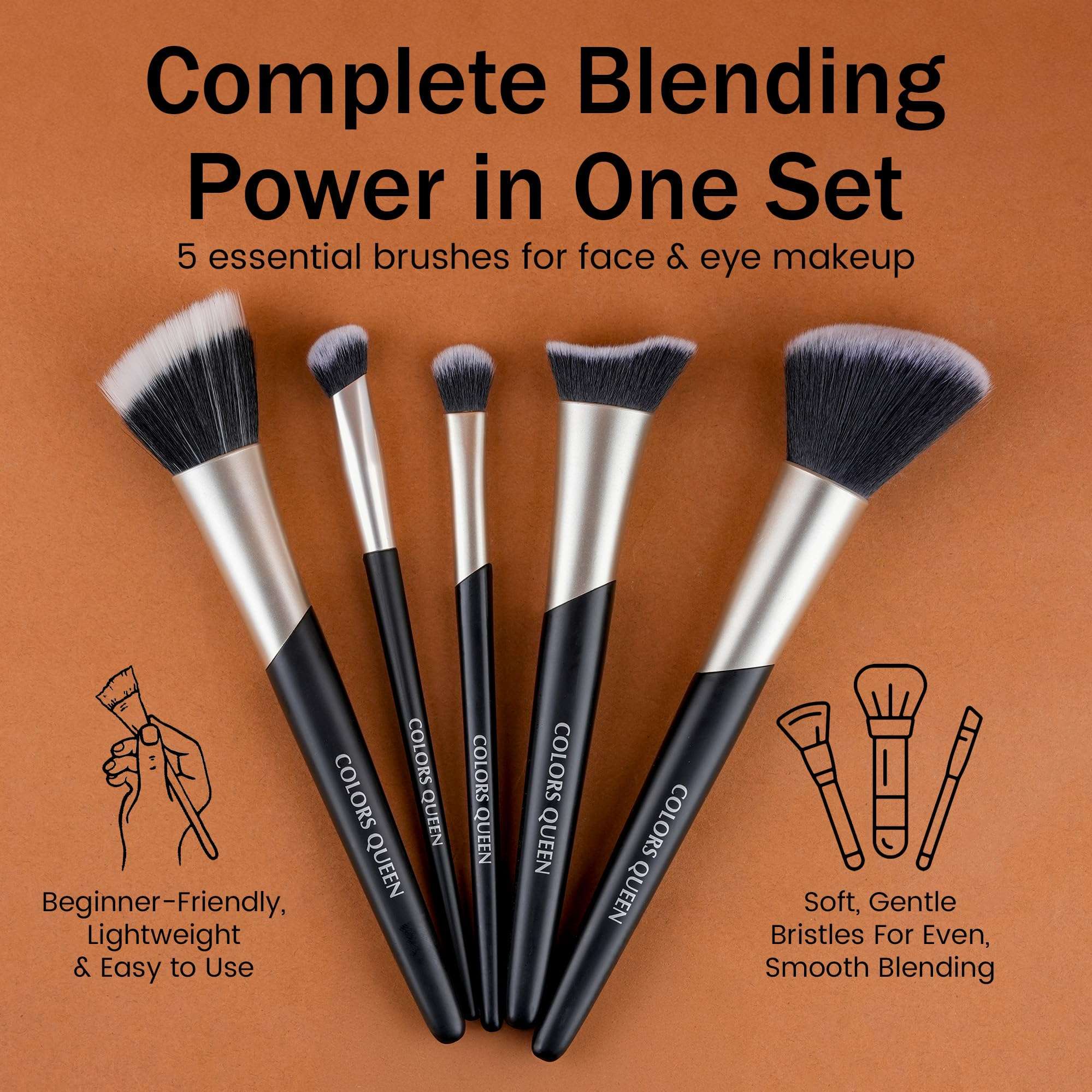 Colors Queen Pro Beauty Face & Eye Makeup Brush Set of 5 | Easy to Hold & Precise Application | Lightweight & Durable Makeup Brush for Cream, Liquid & Powder Formulation (Black & Gold, Pack of 5) 6