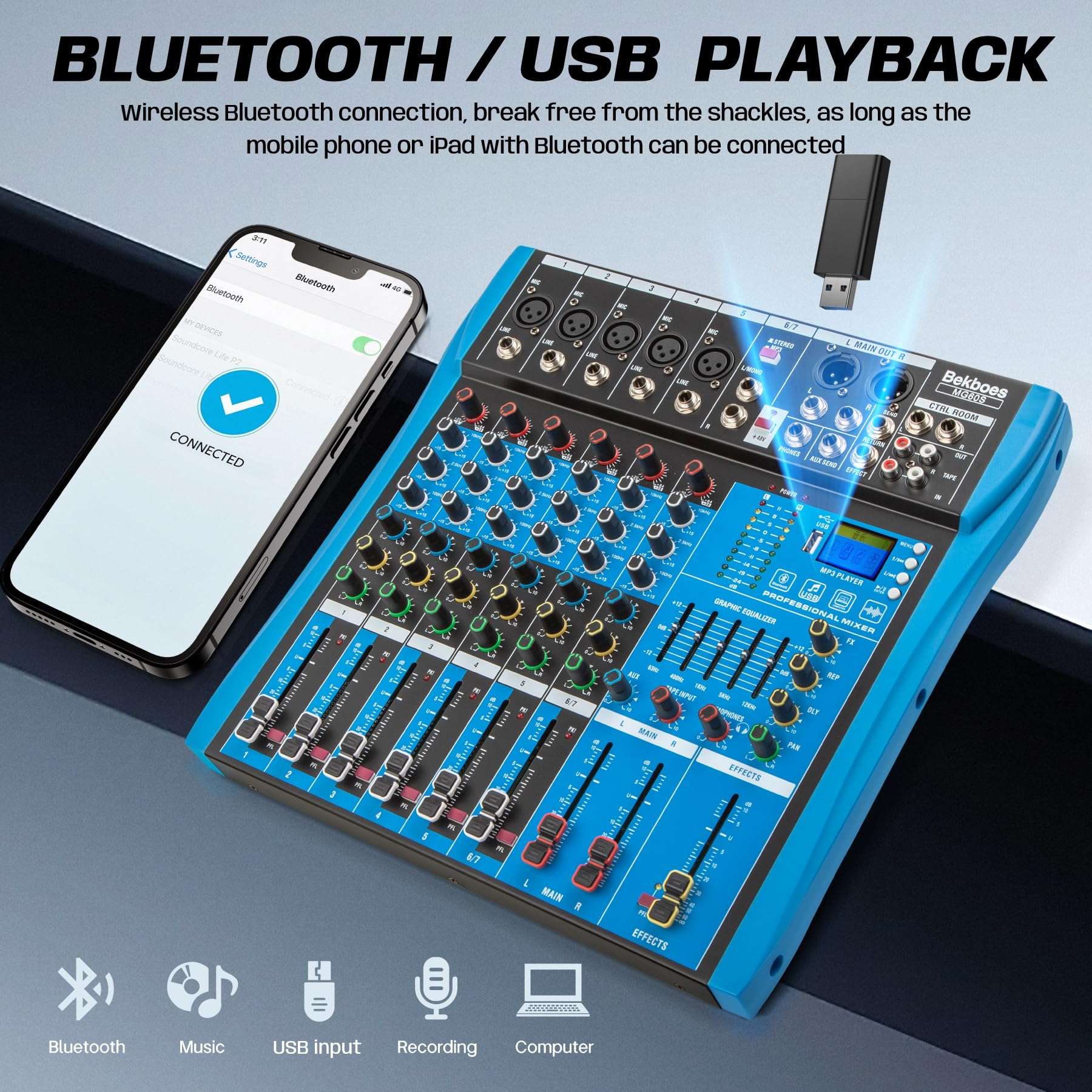 BEKBOES Professional Audio Mixer, 6 Channel, Input 48V Phantom Power Stereo Digital USB Bluetooth MP3 Computer Input, Build-in 16 Effect DSP, for Recording, Live Streaming, Podcasting MG60S 3