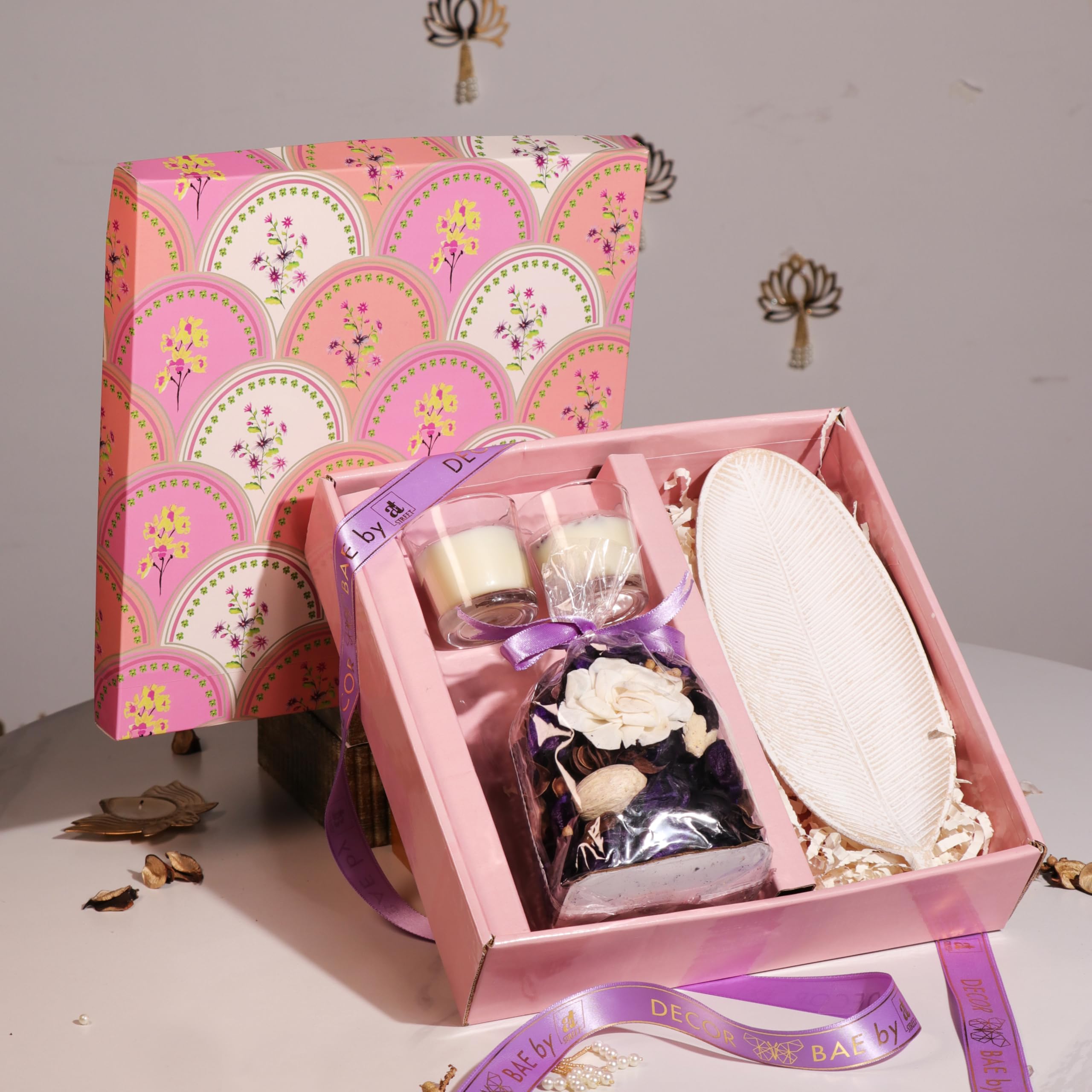 Art Street Diwali Gift Hamper Box with Mogra Scent Potpourri, Glass Candle and Tray for Diwali Celebration and Gift for Family, Friends and Relatives (Pack of 4)