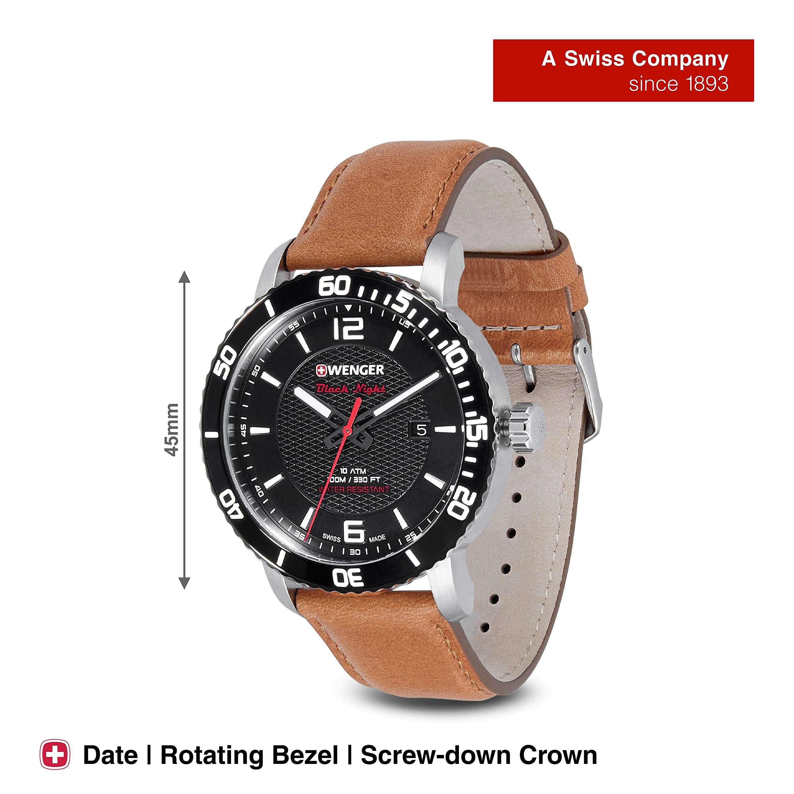 WENGER Swiss Made (Roadster Black Dial Analog Quartz Men’s Watch Brown Leather Strap- Stylish and Original) Model Number 011841105 4