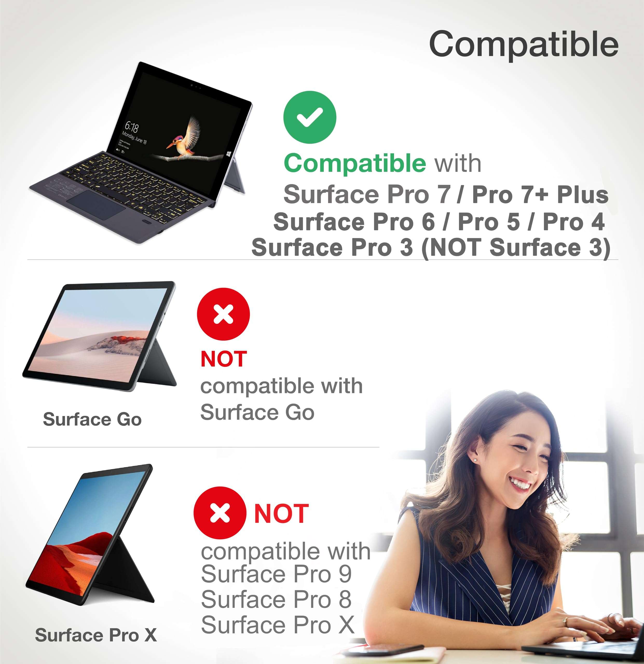 Keyboard Replacement Type Cover Trackpad Mouse for Microsoft Surface Pro 7+ 7 Pro 6 Pro 5 Pro 4 Pro 3 Ergonomic Portable Slim Wireless Bluetooth Rechargeable 6