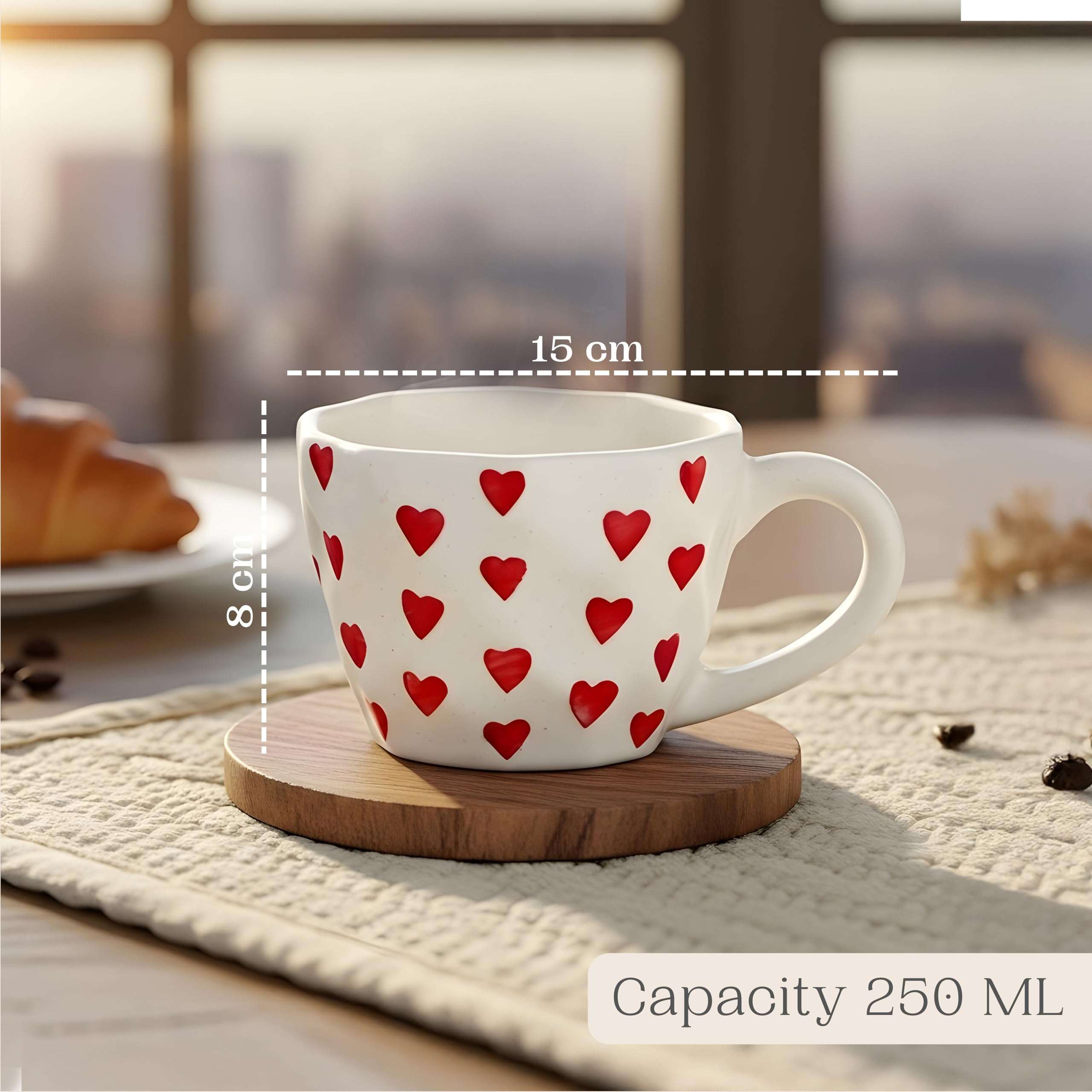 Ceramic Coffee Mug with Red Hearts Pattern, White (Standard, 2, Count) | Aesthetic Tea Cup | Cups Ceramic Heart, 250 Ml | Coffee Cups & Mugs 4