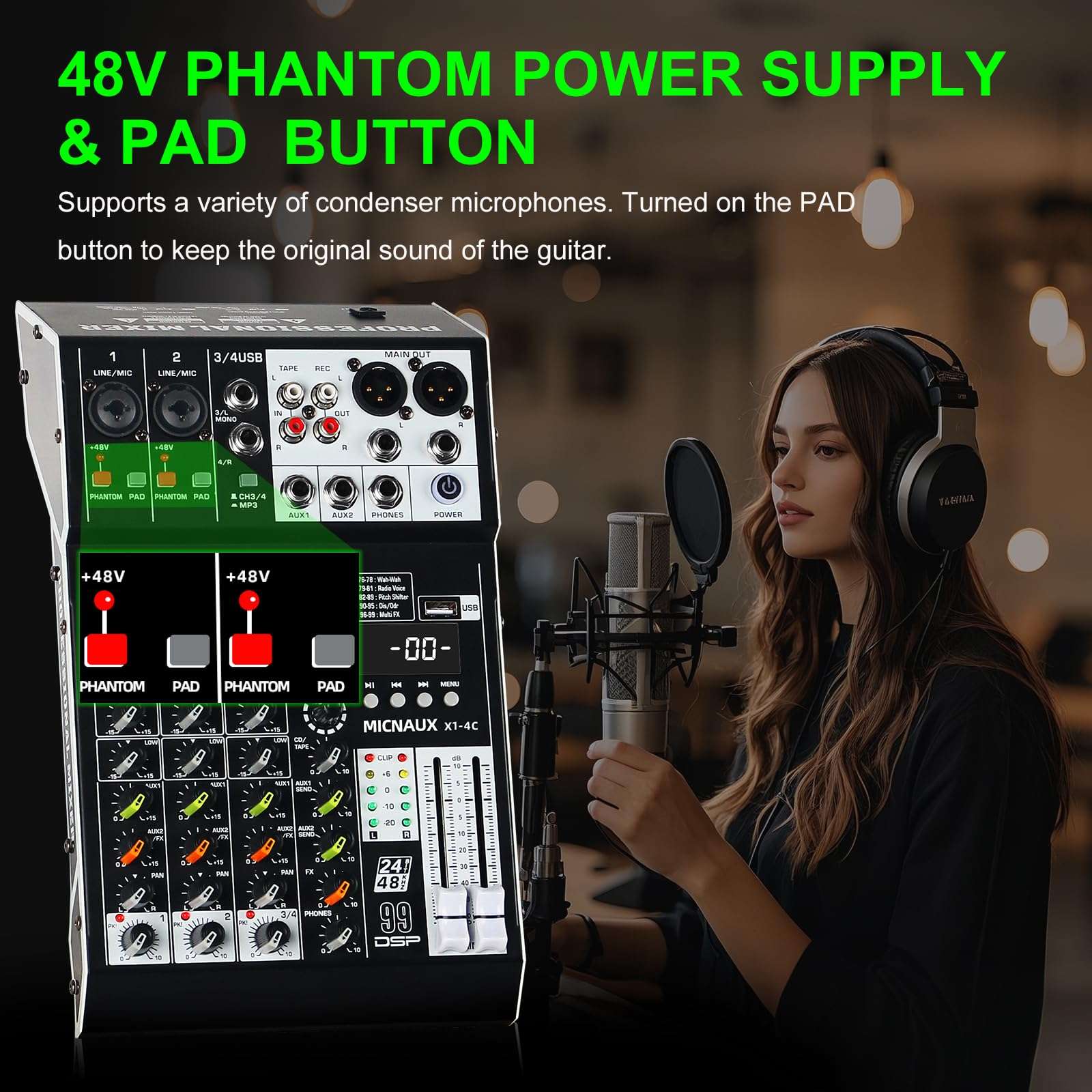 MICNAUX Audio Mixer 4 Channel Professional Sound Mixer Console with 99 DSP Effects, Small Mixing Board DJ Mixer w/USB, Bluetooth, 48V Power Supply, PAD Button for Recording Karaoke PA Drum Live Music 6
