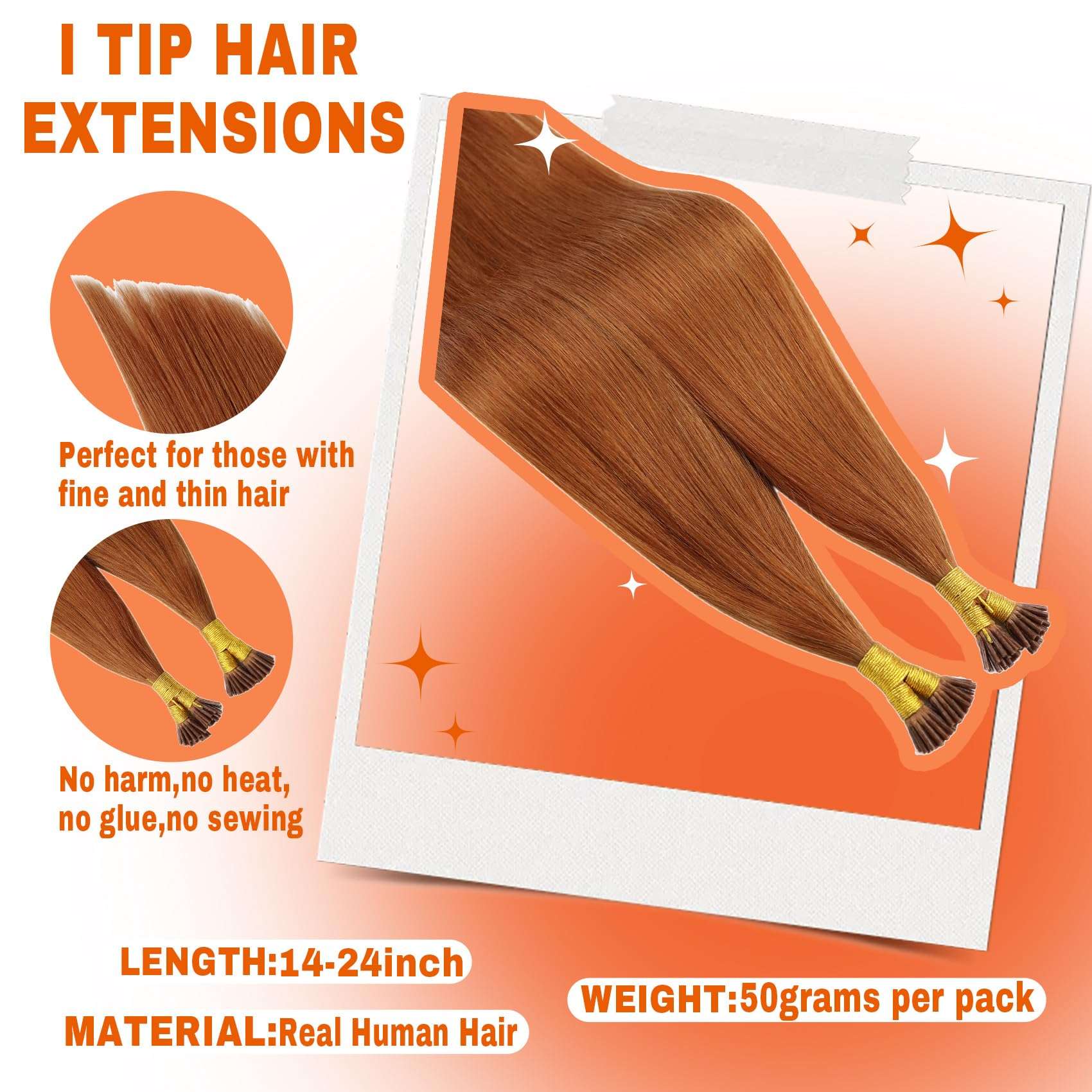 Sunny Hair 50g 100s Sunny I Tip Hair Extensions Human Hair Copper Itip Human Hair Extensions for Women Copper I Tips Hair Extensions Cold Fusion I Tip Real Human Hair Extensions Colorful 14inch 3