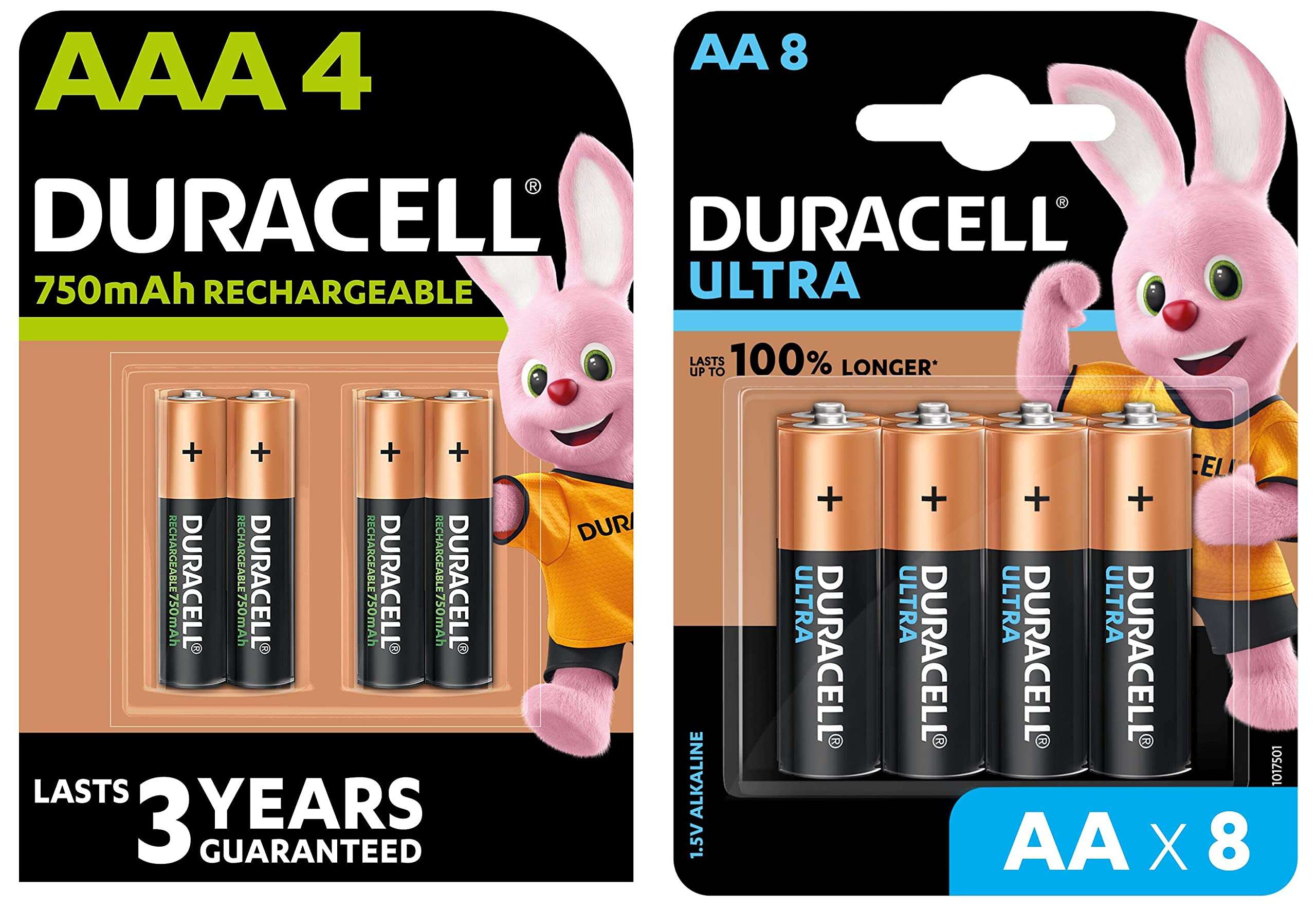 Duracell Plus AAA Rechargeable Batteries (750 mAh) Pack of 4 & Ultra Alkaline AA Battery, 8 Pcs
