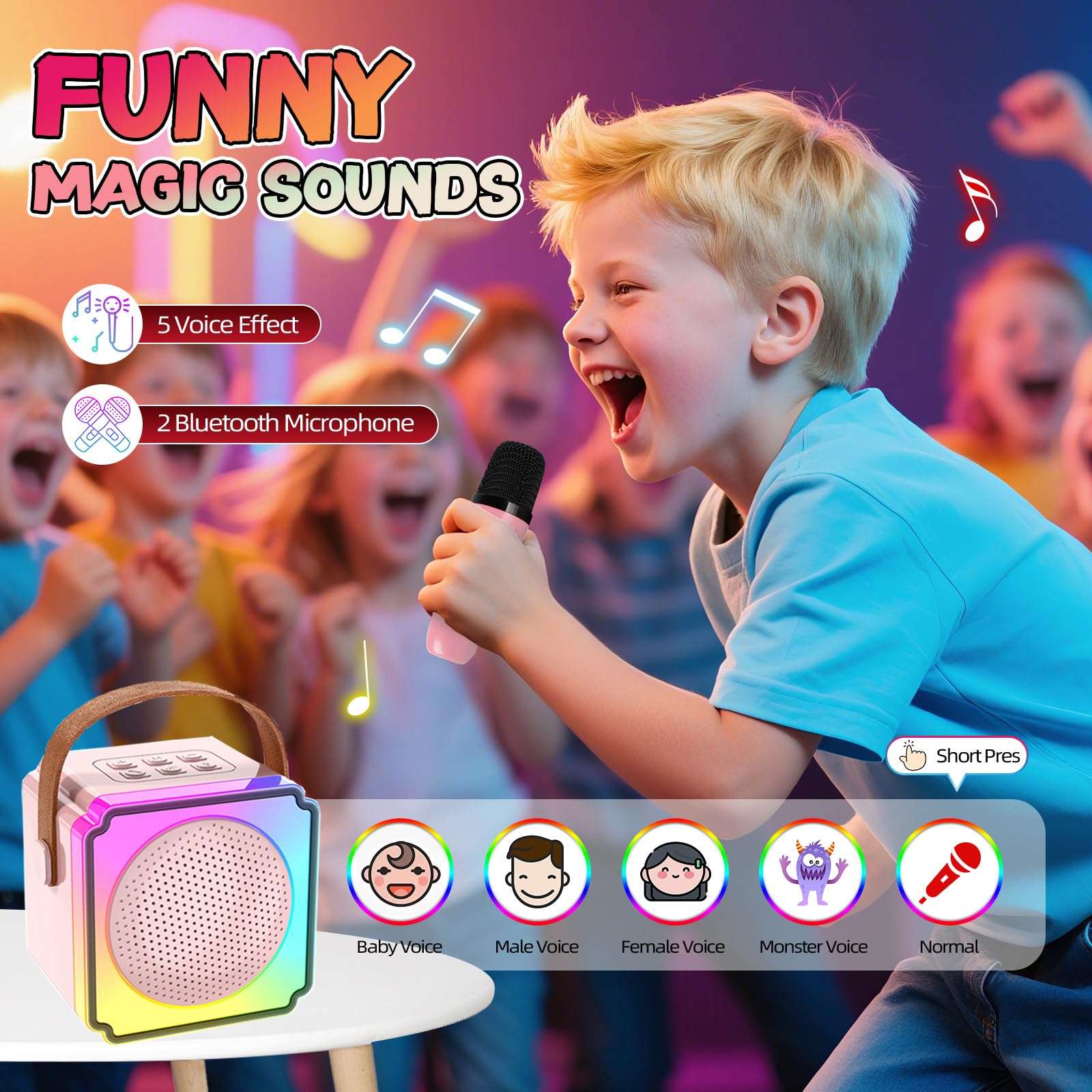 EFAILY Karaoke Machine for Kids, Christmas Birthday Gifts Toys Portable Bluetooth Speaker with 2 Wireless Microphones, Mini Karaoke Machine with LED Light for 4-12+ Years Old (Pink) 5