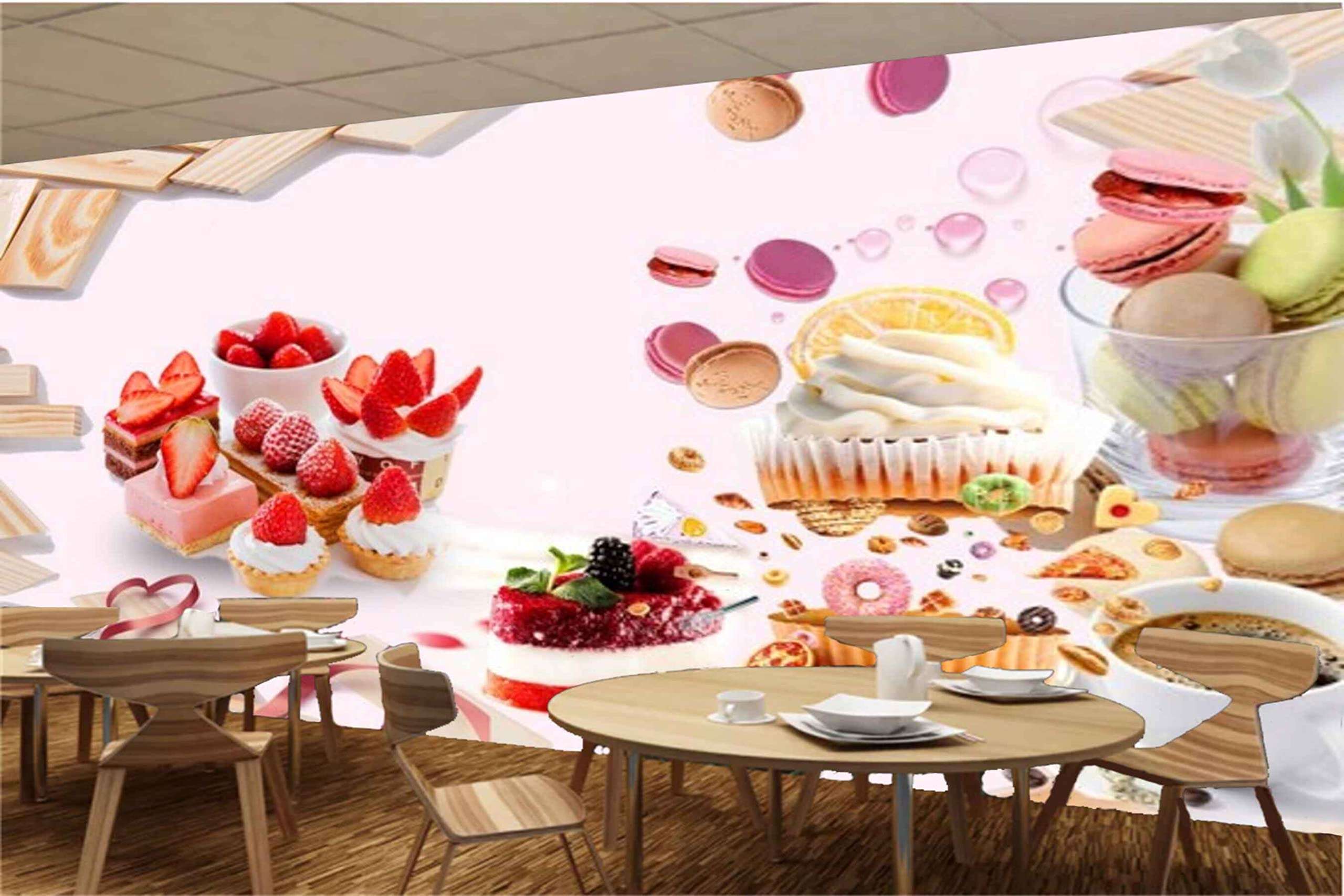 Mystic Walls MWZ3123 Cup Cakes Fruits Cookies Coffee HD 3D Wallpaper for Cafe, Restaurant, Cafeteria[4 ft x 3 ft] / [122 cm x 91 cm] 3