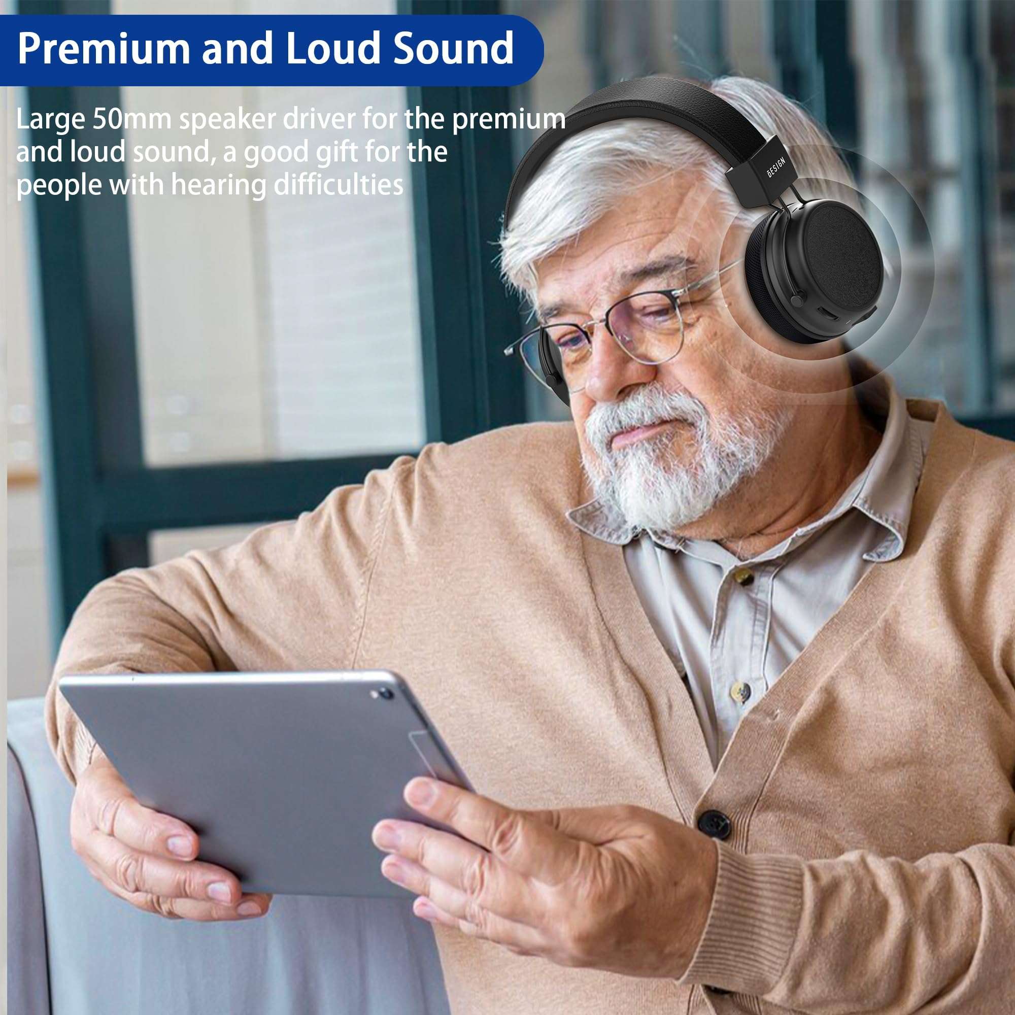 BESIGN BTH01 Wireless Headphones for TV Watching with Bluetooth Transmitter Charging Dock, Bluetooth TV Headsets, 100ft Range No Audio Delay, Digital Optical RCA AUX, Full Black 6