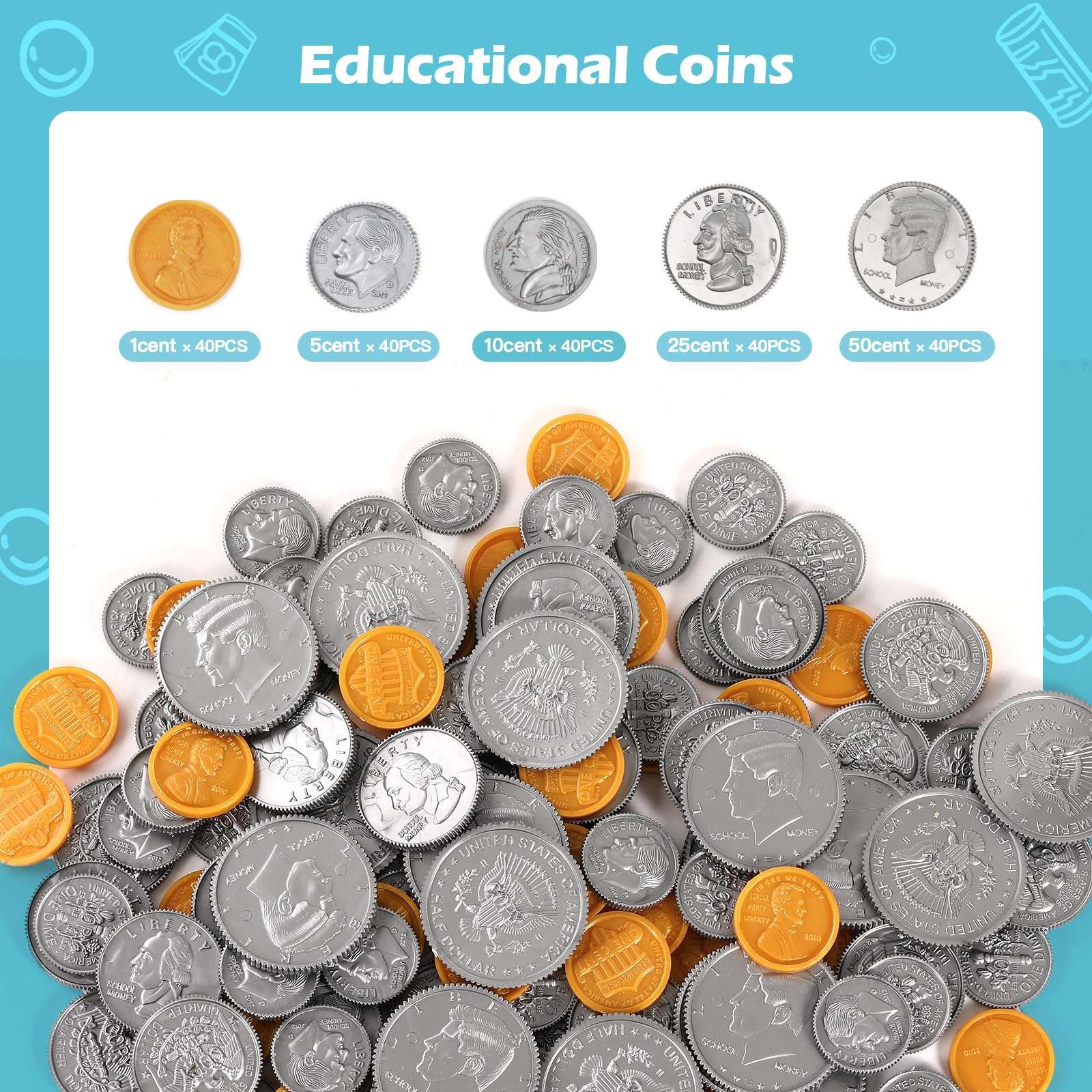 Quiet Flower Learning Pretend Play Coin, Copy Pretend Coins Toys for Kids, Prop Fake Coins and Banking Play Toys Set(200pcs) 5