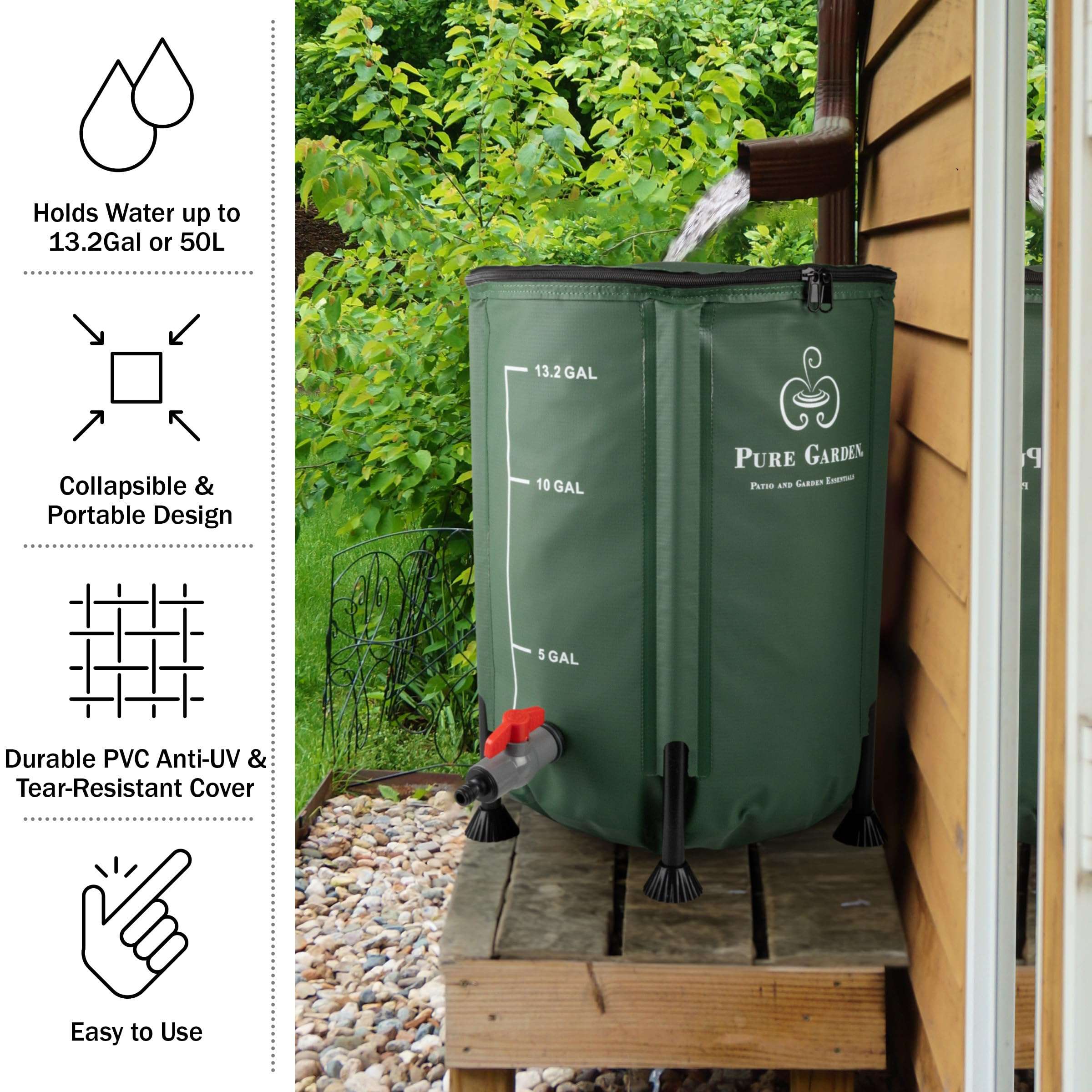 Pure Garden Rain Barrel - 13.2-Gallon/50-Liter Collapsible Water Container for Catching Rainwater - Portable Water Tank with Outflow Valve (Green) 5
