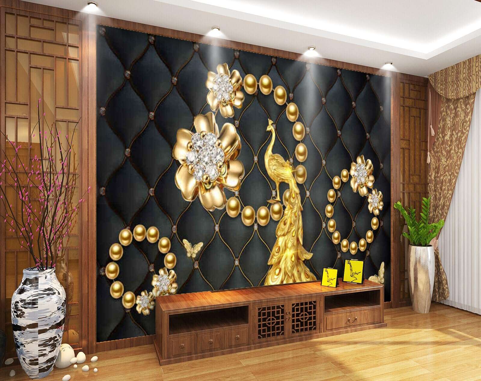 Wall26 - WEZ2113 Designed Flower Ivory Jewellery Pearls Peacock Butterfly Flowers Peacock Beautiful HD 3D Wall Sticker[7 ft x 6 ft] / [213 cm x 183 cm] 3