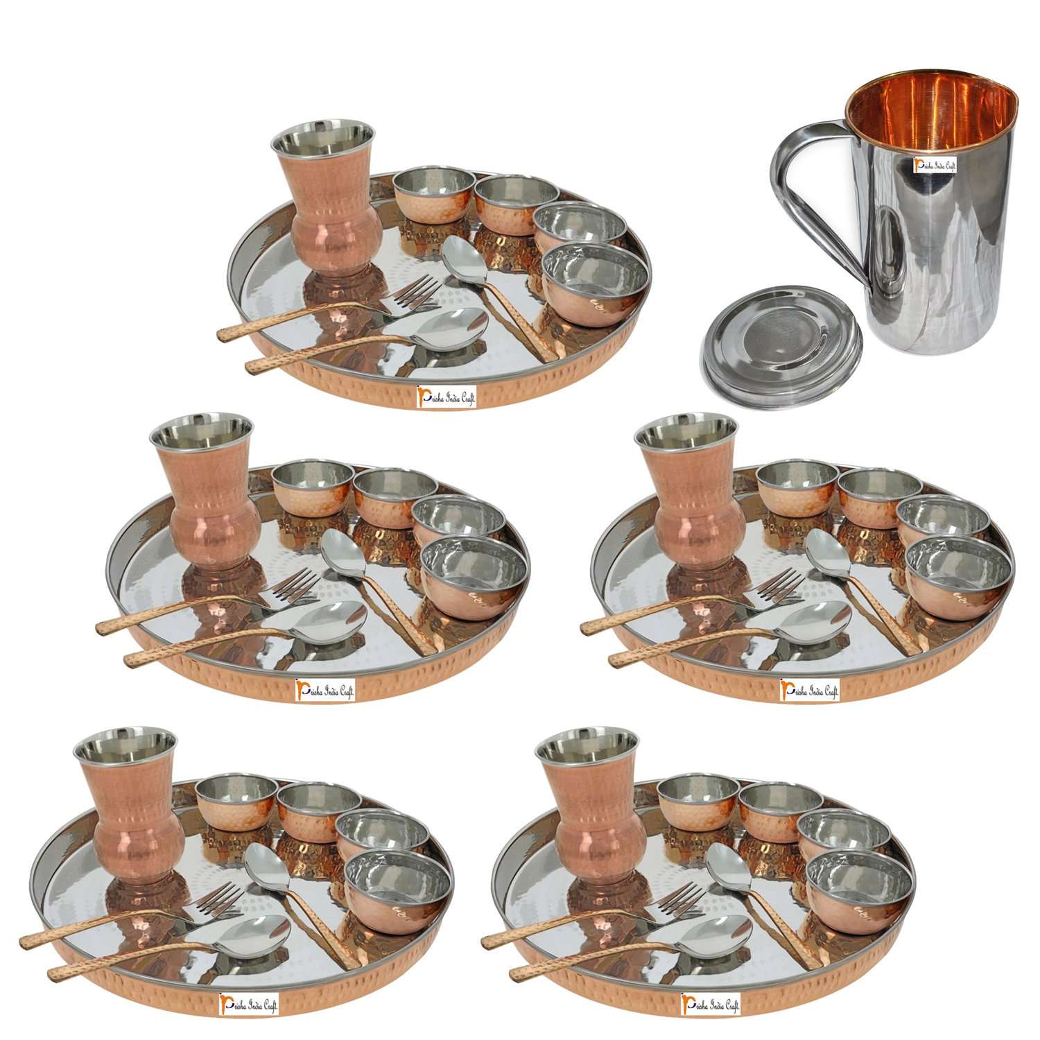 Prisha India Craft Copper Stainless Steel Large Dinner Plate Thali Set Dinnerware - Copper Dinner Set Online India - 5 Thali Set, 1 Jug 1