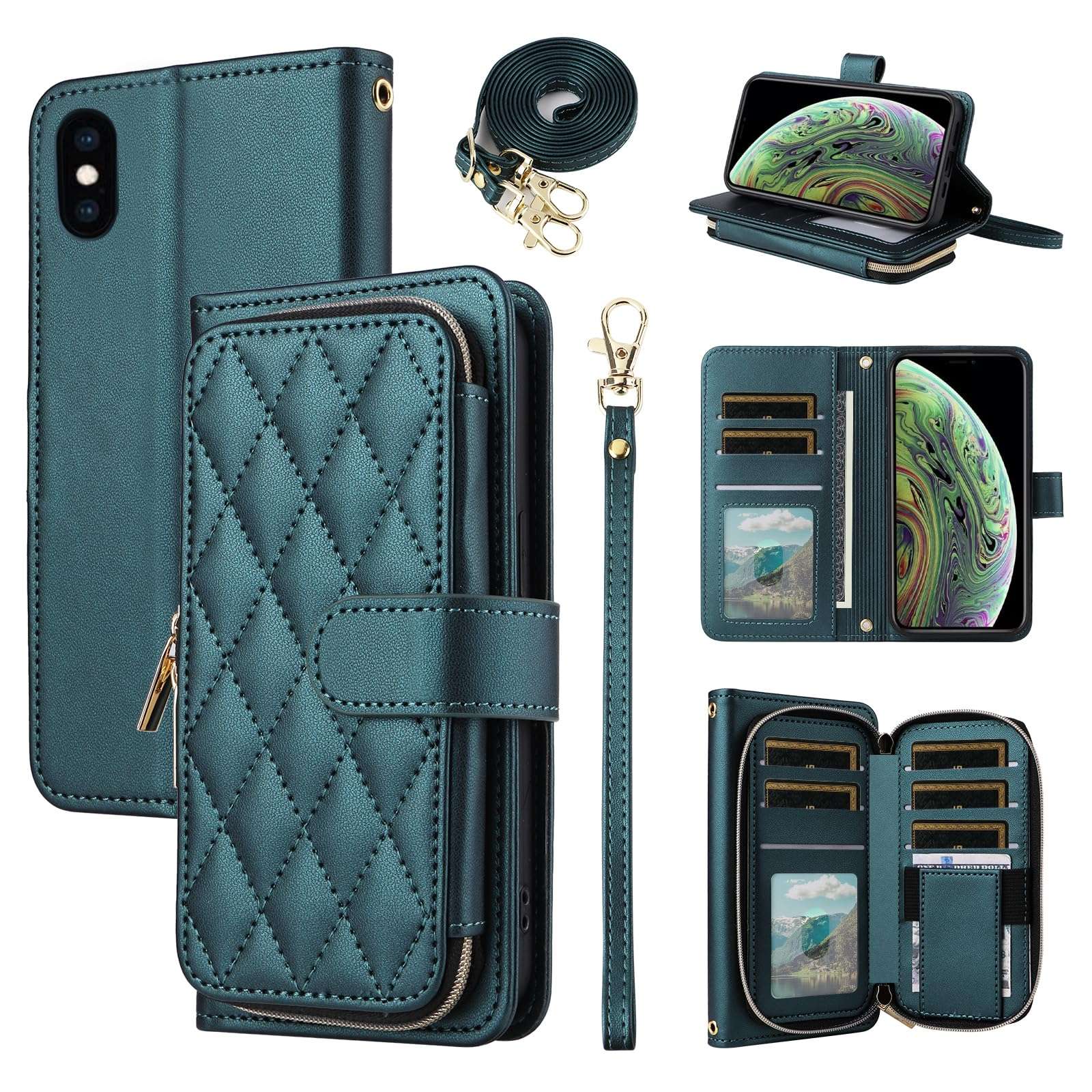 Furiet Argyle Wallet Case for iPhone Xs Max with Wrist Strap Shoulder Strap Card Slots Zipper Purse, Luxury PU Leather Stand Phone Cover for i X XR Xsmax 10x SX Xmax 10xs 10s 10 Plus Xmaxs Green 1