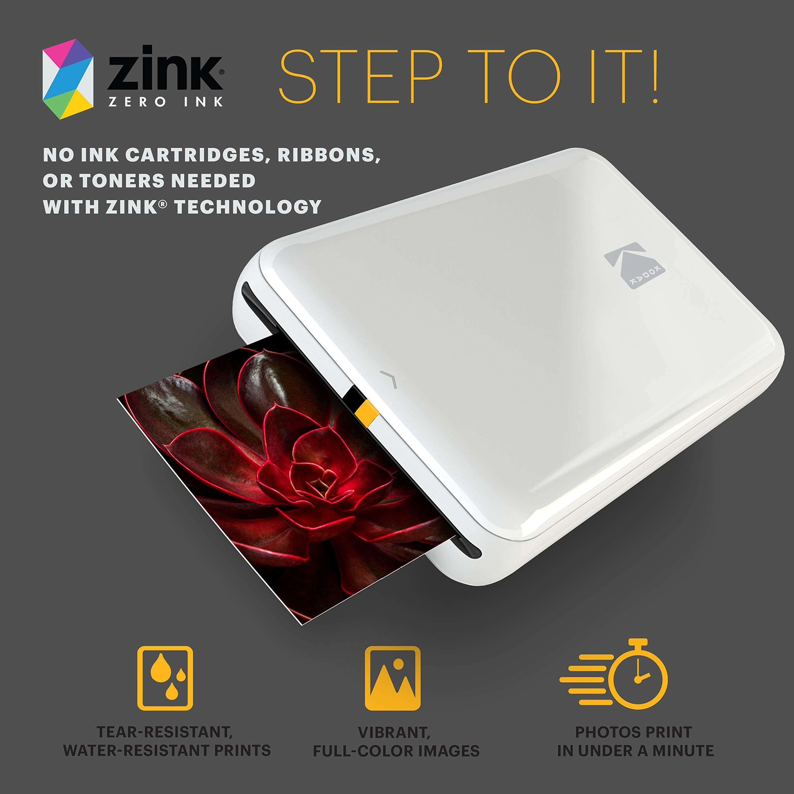 Zink Kodak Step Printer Zero Ink Technology Wireless Mobile Photo Printer for Any Bluetooth or NFC Smart Device (White) Sticker Edition, 2x3 (RODMP20KIT9W) 3