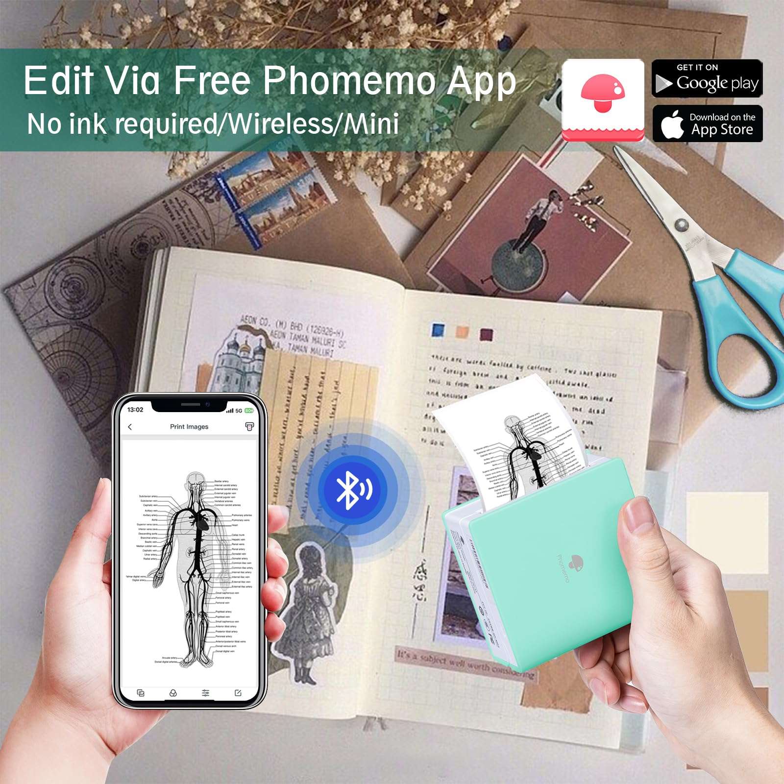 Phomemo M02 Pocket Printer - Mini Bluetooth Portable Mobile Inkless Thermal Printer Compatible with iOS + Android - for Pocket Study Notes, Photos, Work, Journal (Ice Cream Green) 2