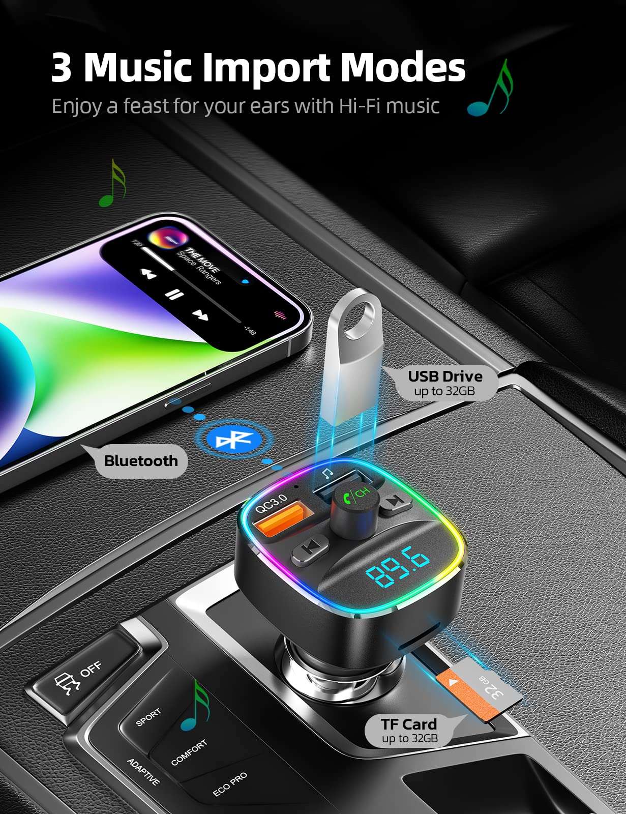 Nulaxy Bluetooth FM Transmitter, Bluetooth Car Adapter with Dual USB Charger Wireless Radio Car Kit MP3 Player Support TF Card & USB Disk, Hands-Free Calling, 7 Colors Led Backlit Light, Black 4