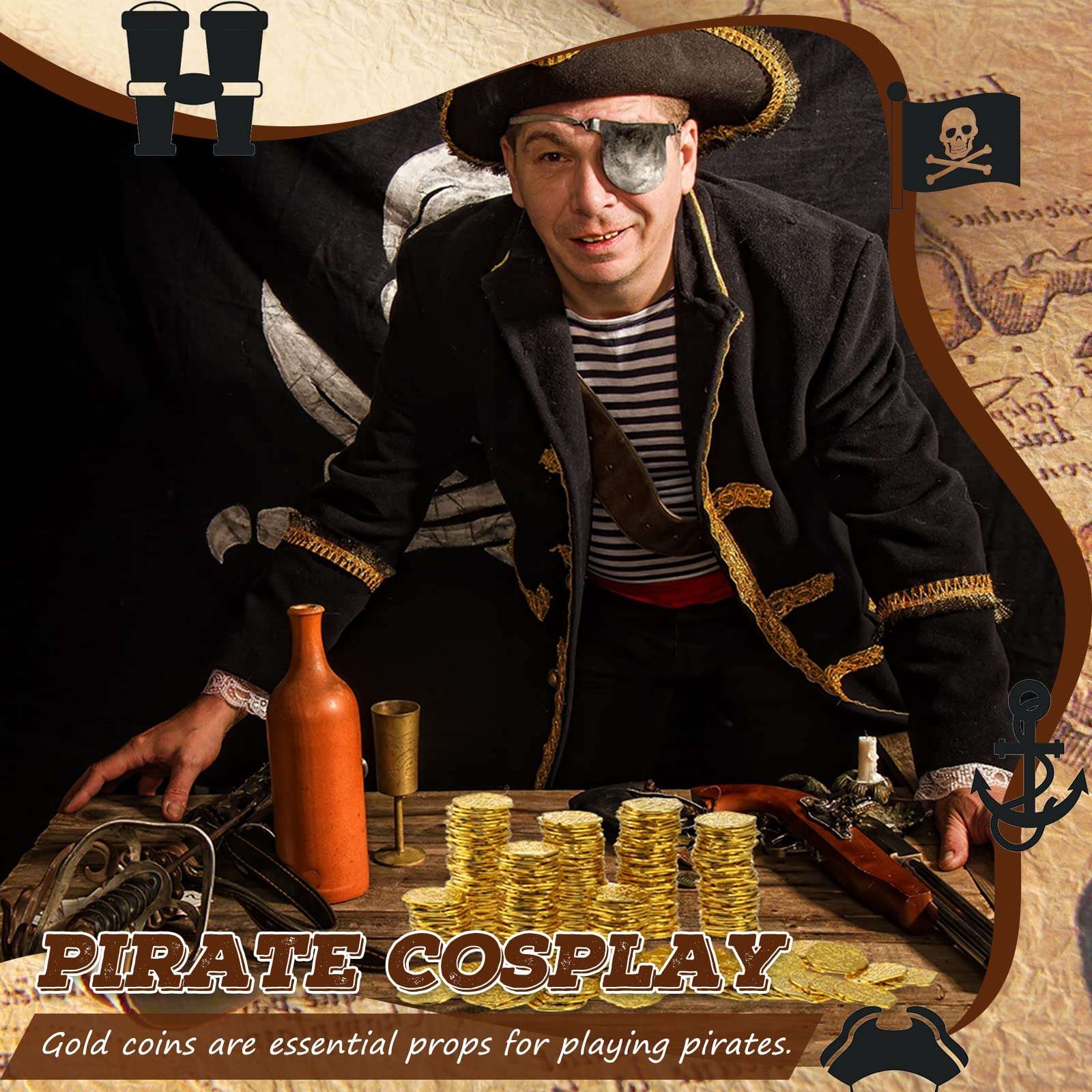 Hanaive 300 Pcs Pirate Coins Plastic Gold Coins Kids Fake Play Coins Replica Spanish Doubloons for Pirate Party Treasure Chest Board Games Tokens Toys Cosplay, Gold 5