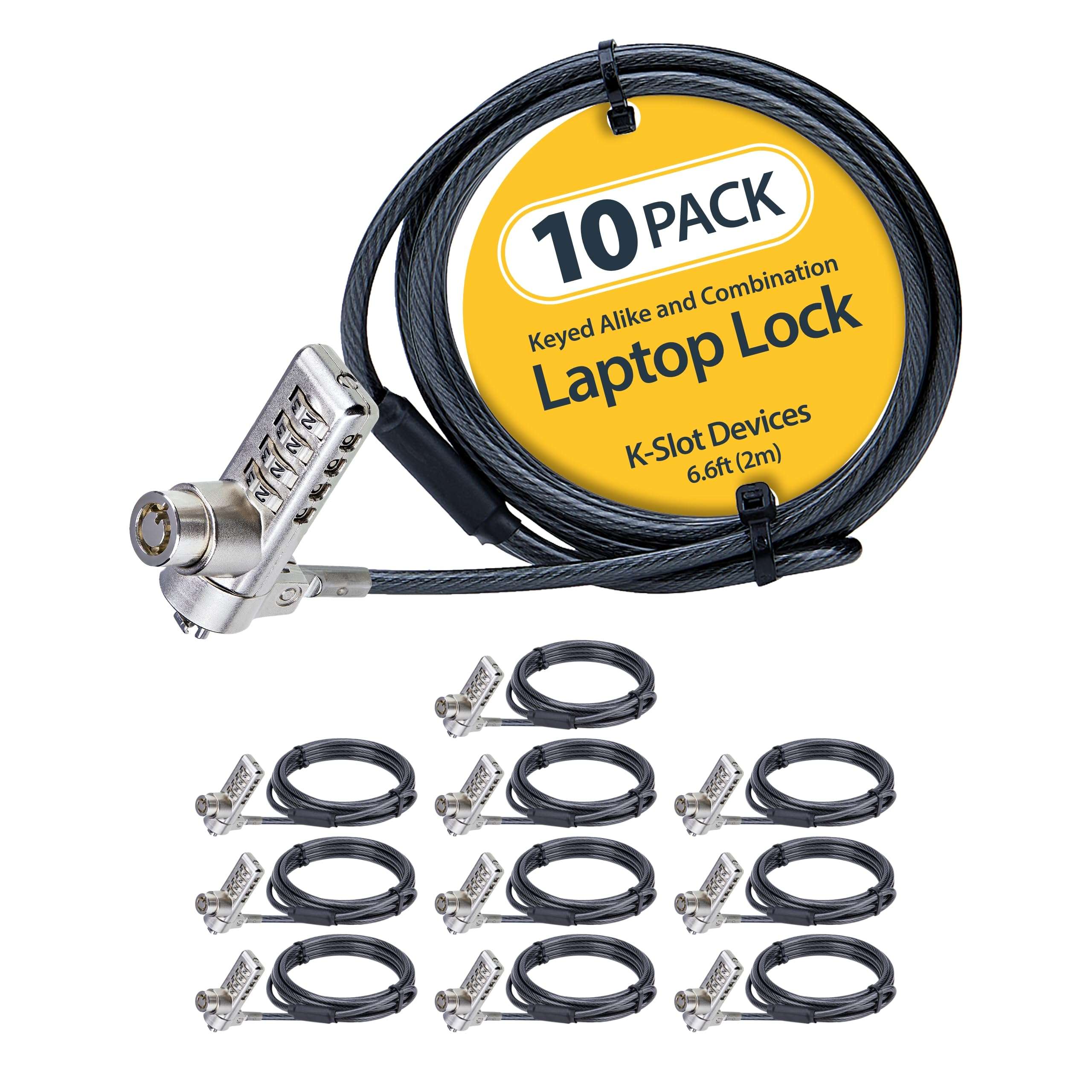 StarTech.com 10-Pack Dual-Access Laptop Lock, 6.6ft (2m) Keyed Alike and Combination Security Cable Lock for K-Slot Devices, TAA 1