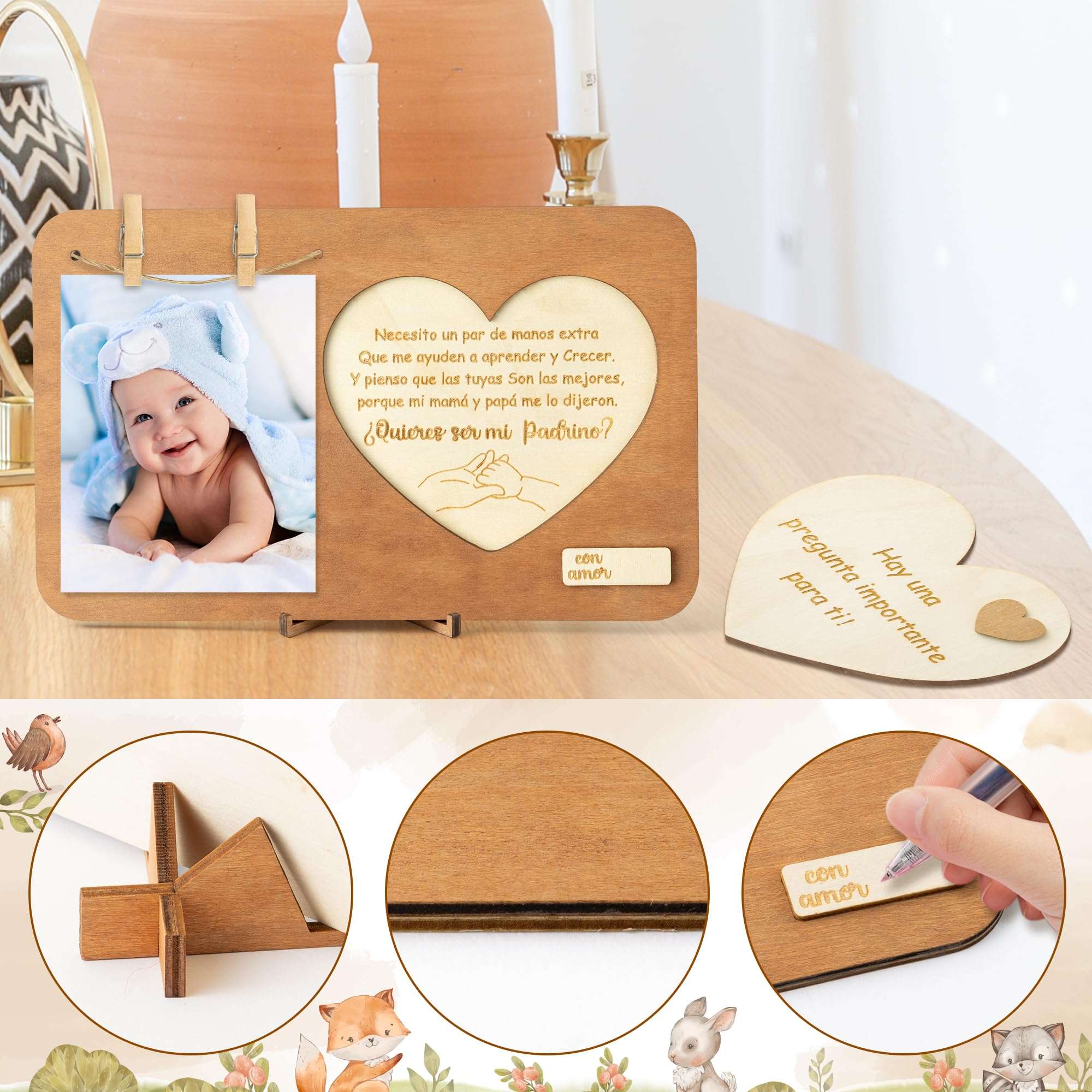 CJiangpo Will You Be My Godfather Proposal Gift Picture Frame Set, Padrino Proposal Gift in Spanish Godfather Card Ideas from Godchild, Wooden God Father Announcement Baptism Present 4