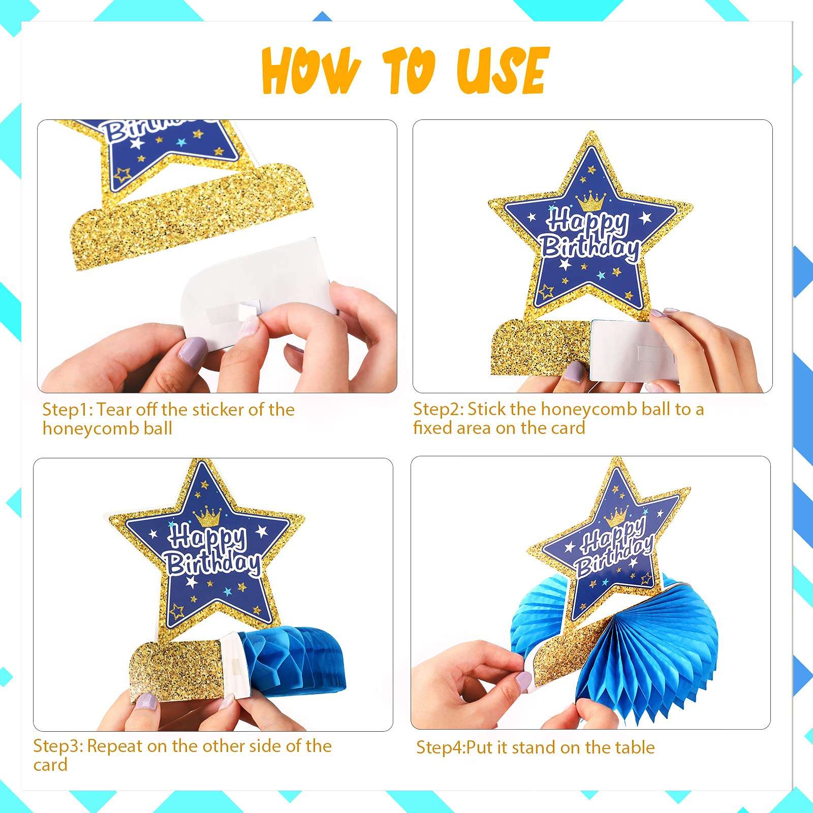 1st Birthday Boy Decorations Wild One Honeycomb Centerpieces First Birthday Table Toppers for Baby Boy First Birthday Party Favor Supplies Photo Booth Props, Blue and Gold, 8 Pieces 4