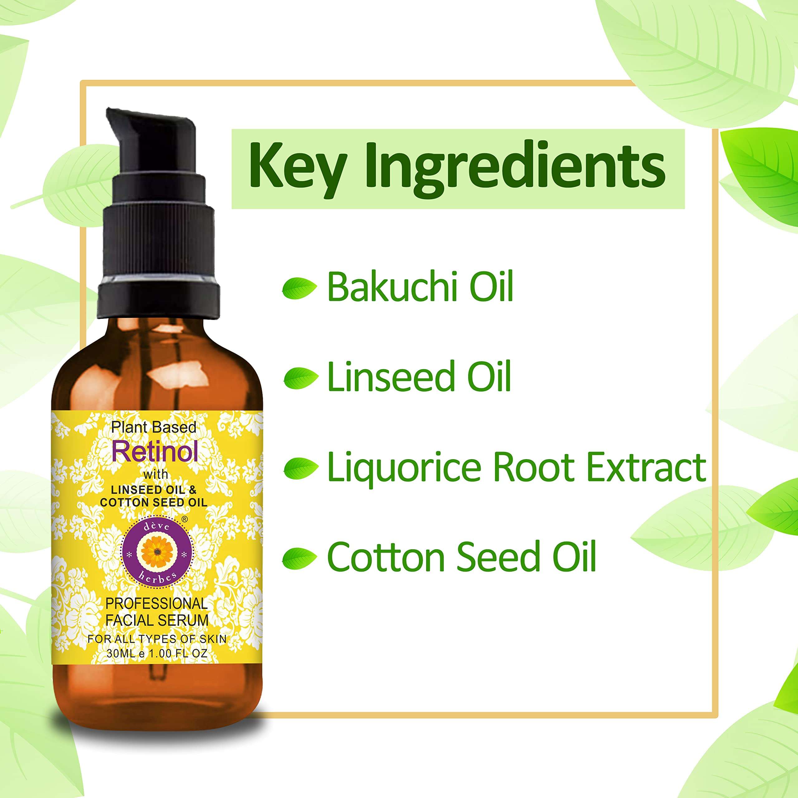 Deve Herbes Plant Based Retinol Face Serum with Bakuchi Oil, Linseed, Cotton Seed Oil & Liquorice Root Extract for Personal Care 30ml (1 oz) + Pure Vitamin E Oil 30ml (1 oz) 4