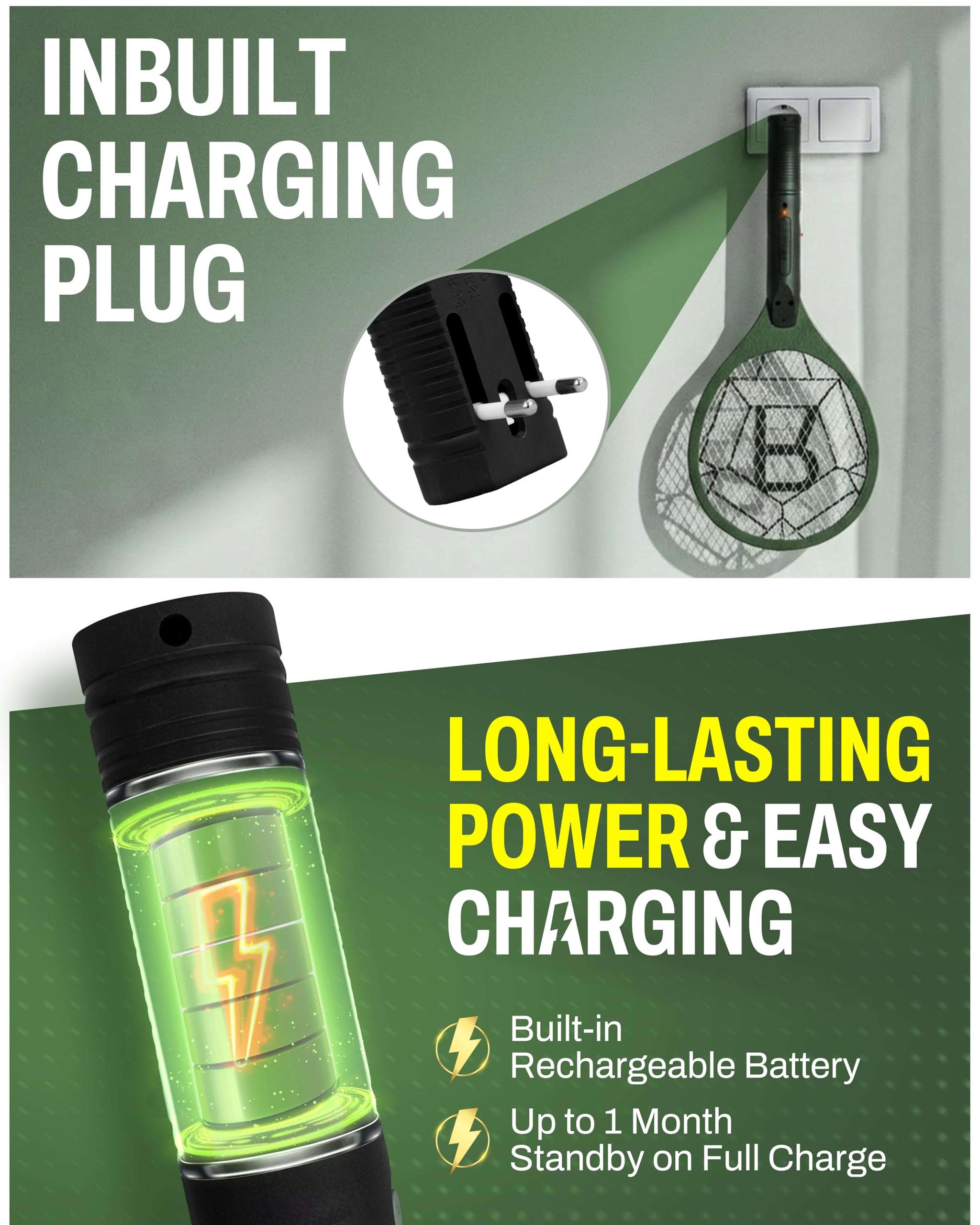 Weird Wolf Heavy Duty Mosquito Bat | Rechargeable Electric Fly Swatter with Inbuilt 2-Pin Plug | High Voltage Mosquito Killer Racket | ABS Body | 3 Months Warranty (Dark Green) 3