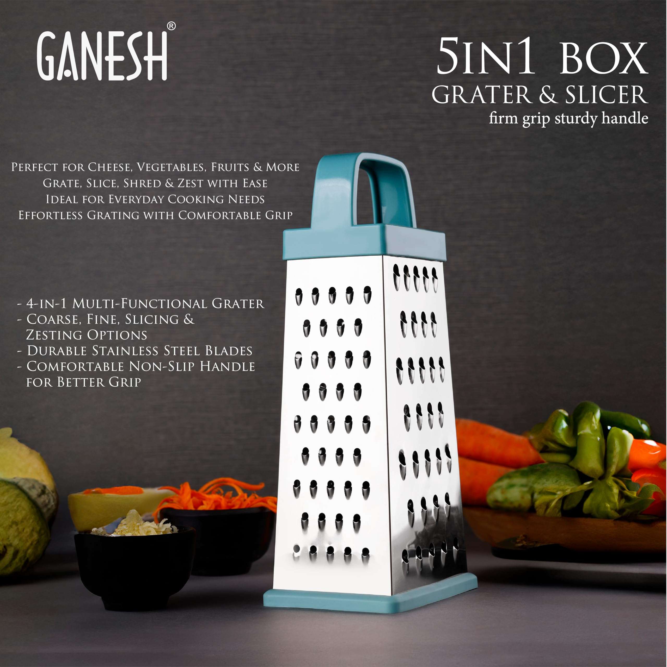 Ganesh Vegetable Grater & Slicer|Stainless Steel 5 in 1 Kitchen Chopper| Grater for Cheese|Vegetables|Ginger (Silver) 6