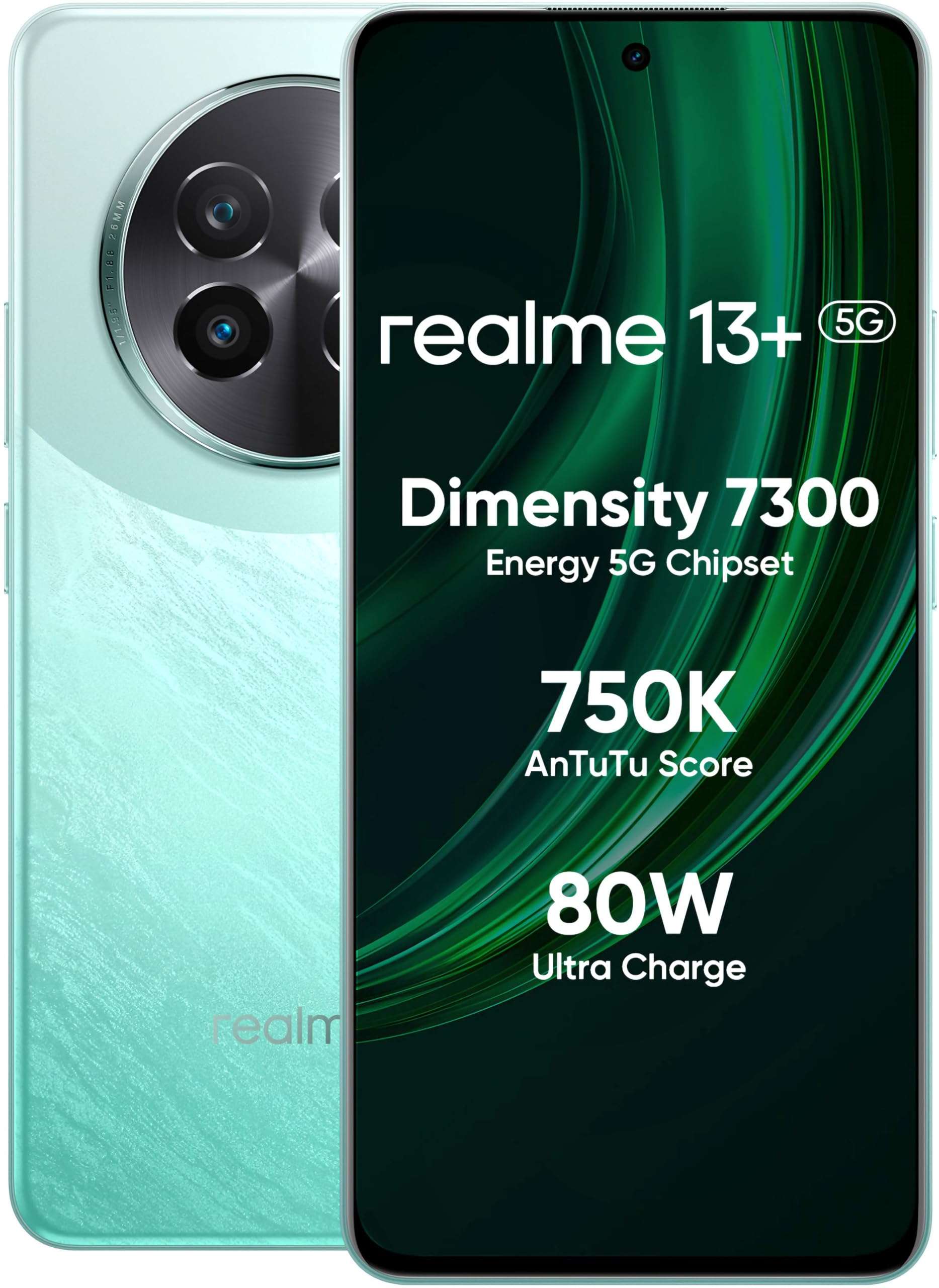 realme 13+ 5G (Speed Green, 8GB RAM, 128GB Storage) | Expandable Upto 2TB | Up to 18GB Dynamic RAM | 50MP AI Dual Camera | 6.67" AMOLED Display | 80W Ultra Charging DAK | Dimensity 7300E Processor 1