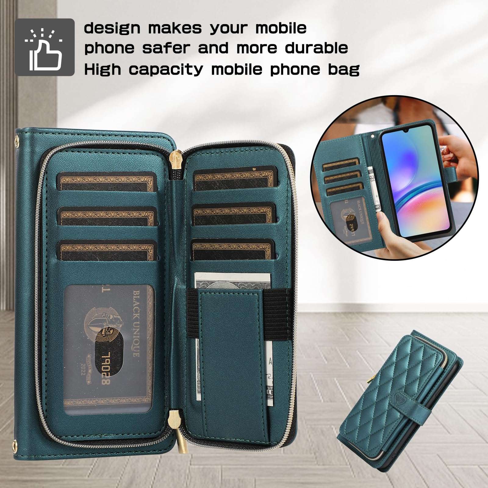 Furiet Argyle Wallet Case for Samsung Galaxy A05s/A05 with Wrist Strap Shoulder Strap, 9+ Card Slots Zipper Purse, Luxury PU Leather Stand Checkered Phone Cover for Ao5s Ao5 A 05s 05 Women Green 5