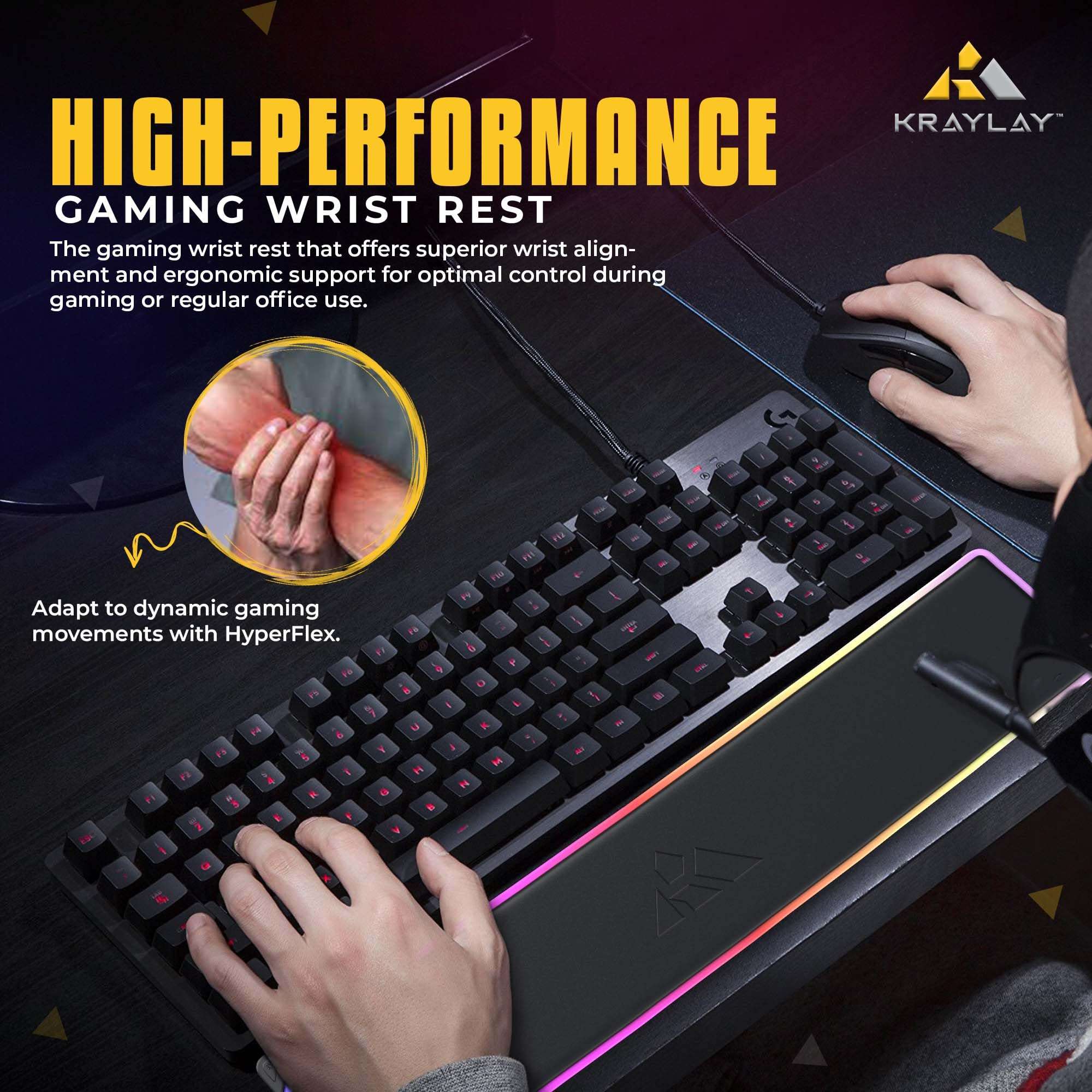 Kraylay RGB Backlit Gaming Wrist Rest | RGB Wrist Support for Keyboard | Keyboard Wrist Rest with 14 Color Modes | 17x4x1 Inches Wrist Pad for Keyboard | Wrist Rest for Computer, Laptop, | Black 3