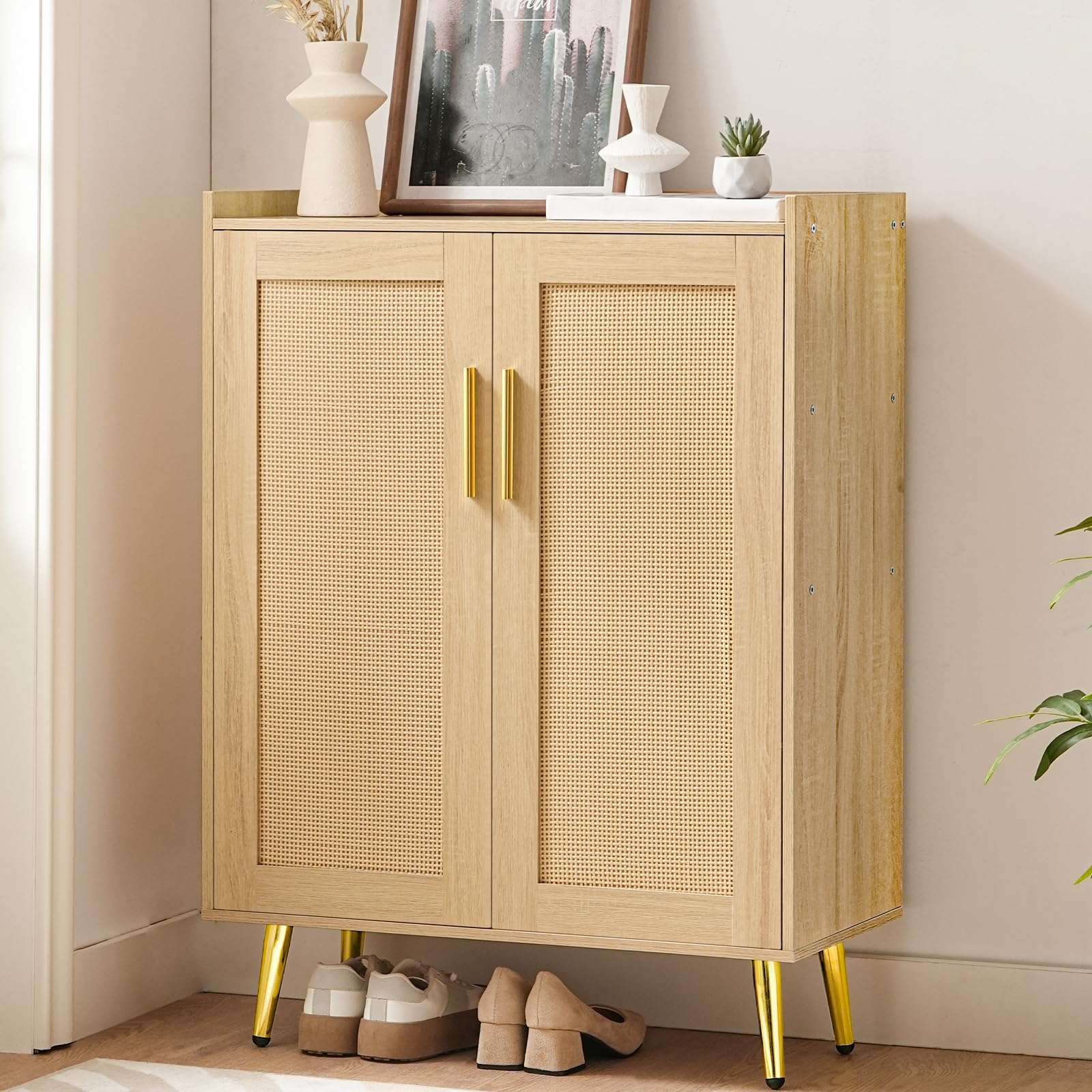 HOOBRO Shoe Cabinet, 5-Tier Shoe Storage Cabinet, Rattan Shoe Cabinet with Doors, 37.8" Tall Shoes Rack Organizer Cabinet for Entryway Hallway Front Door, Adjustable Shelf, Natural NL18SC01 1