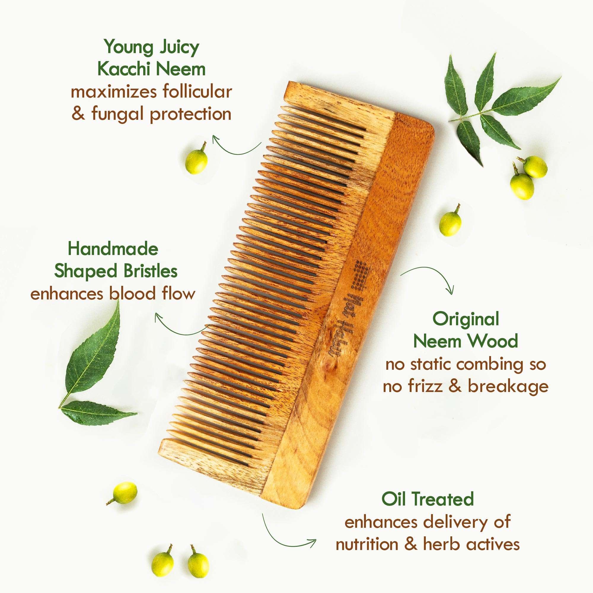 Nat Habit Kacchi Neem Wooden Comb, Soaked In 13 Herbs, Neem & Sesame Oil For Men & Women Daily Styling & Detangling (Fine Tooth Large Size) Pack of 1 4