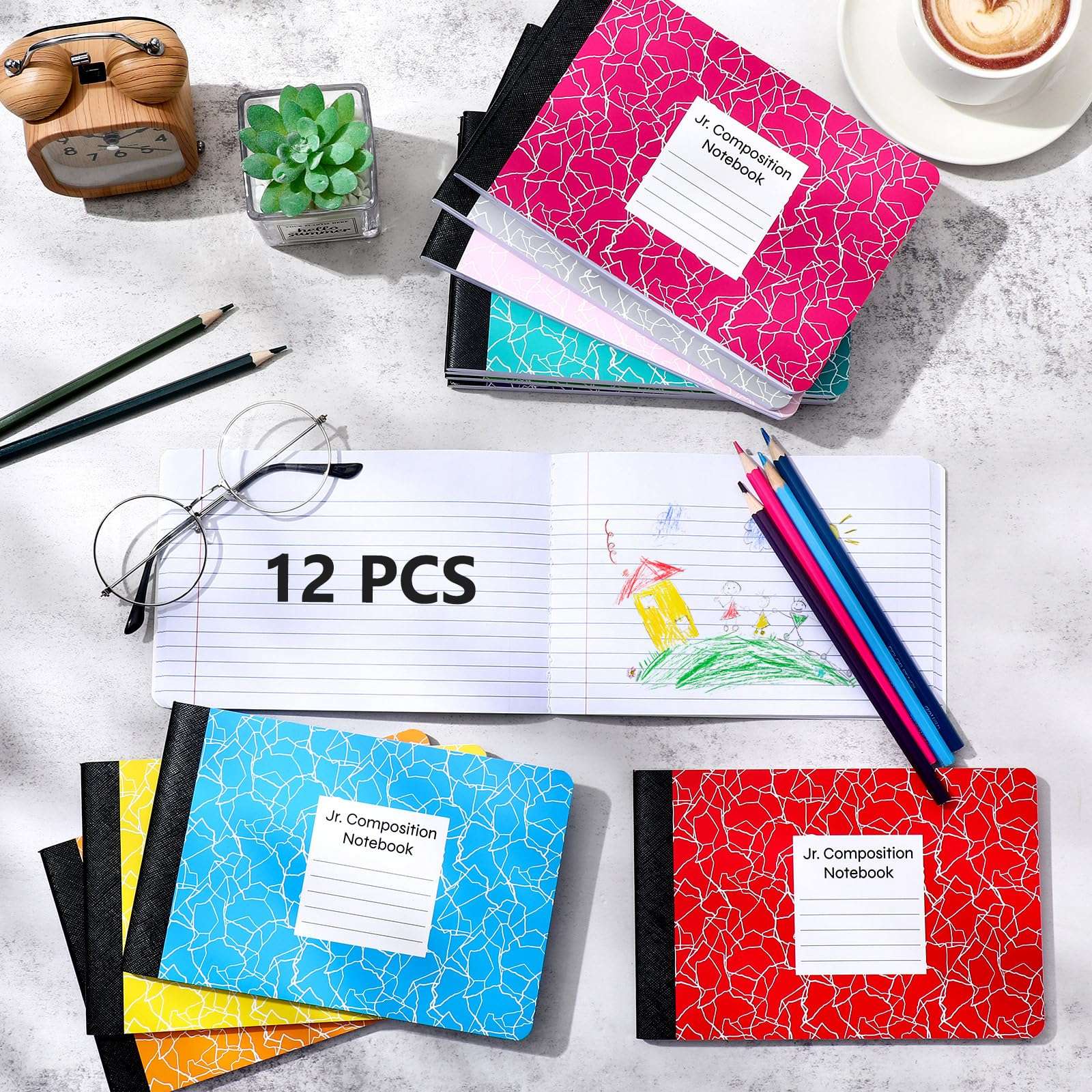 Resurhang 12 Pcs Jr. Composition Notebooks Marble Cover Half Size 4-7/8 x 7-1/2 Inches Composition Notebook 80 Sheets Mini Marble Notebooks Wide Ruled Assorted Primary Covers Notebook (Colorful) 5