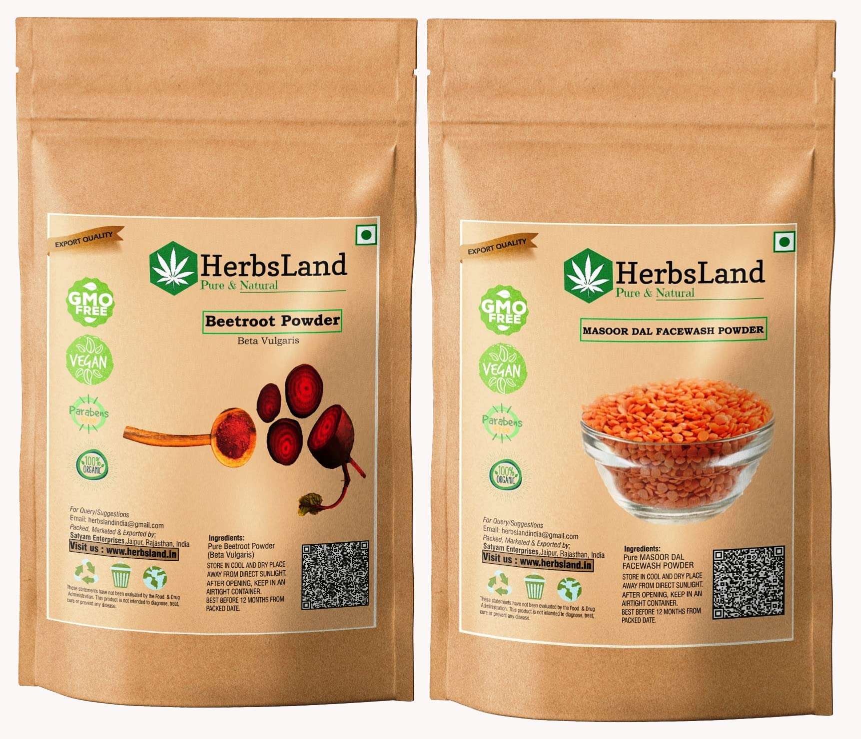 HerbsLand® 100% Natural Beetroot (SuperFood) (Beta Vulgaris) and Masoor Dal FacePack (Red Lentils) Powder For Face & Skin Care (100 gm Each) 1