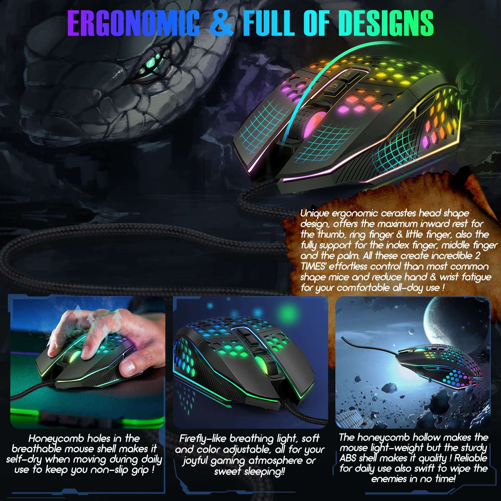 targeal Ergonomic Gaming Mouse - USB Wired Computer Gamer Mice with 8000 DPI Adjustable/Customizable Buttons/RGB Backlit - for Windows 7/8/10/XP, Vista, Linux, PC/Mac/Laptop 6