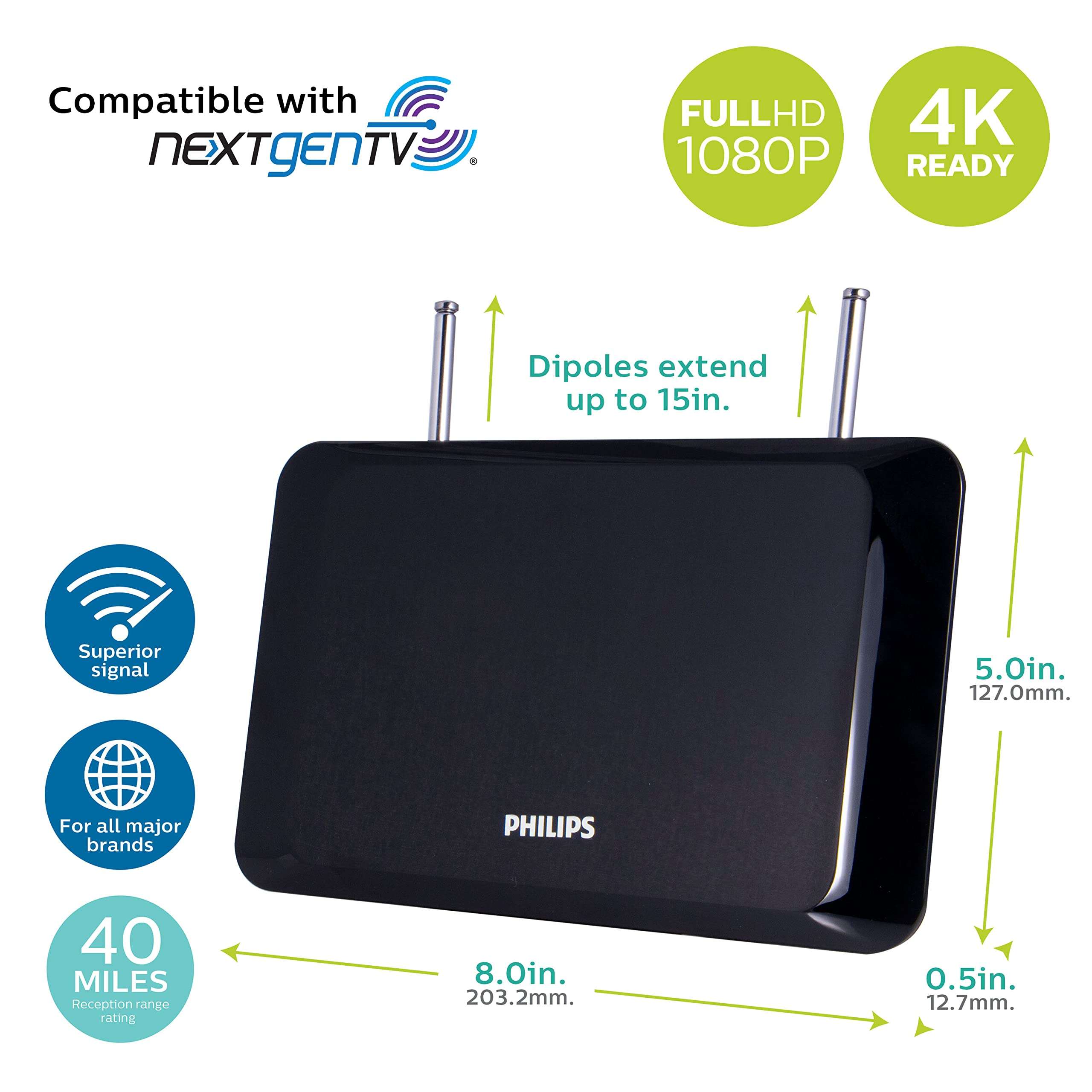 Philips Black Indoor TV Antenna, Perfect Home Decor Long Range Antenna, Digital, HDTV Antenna, Smart TV Compatible, 4K 1080P VHF UHF, 6Ft Coaxial Cable, Amplifier, Signal Booster, Dipoles, SDV8311B/27 2