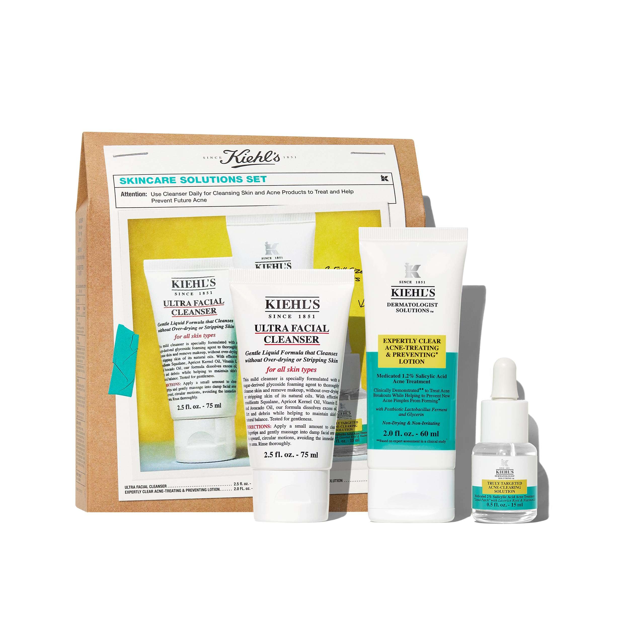 Kiehl's Acne Routine Skincare Set - $87 Value Including Cleanser, Acne Spot Treatment, and Salicylic Acid Gel Moisturizer - Prevent Breakouts