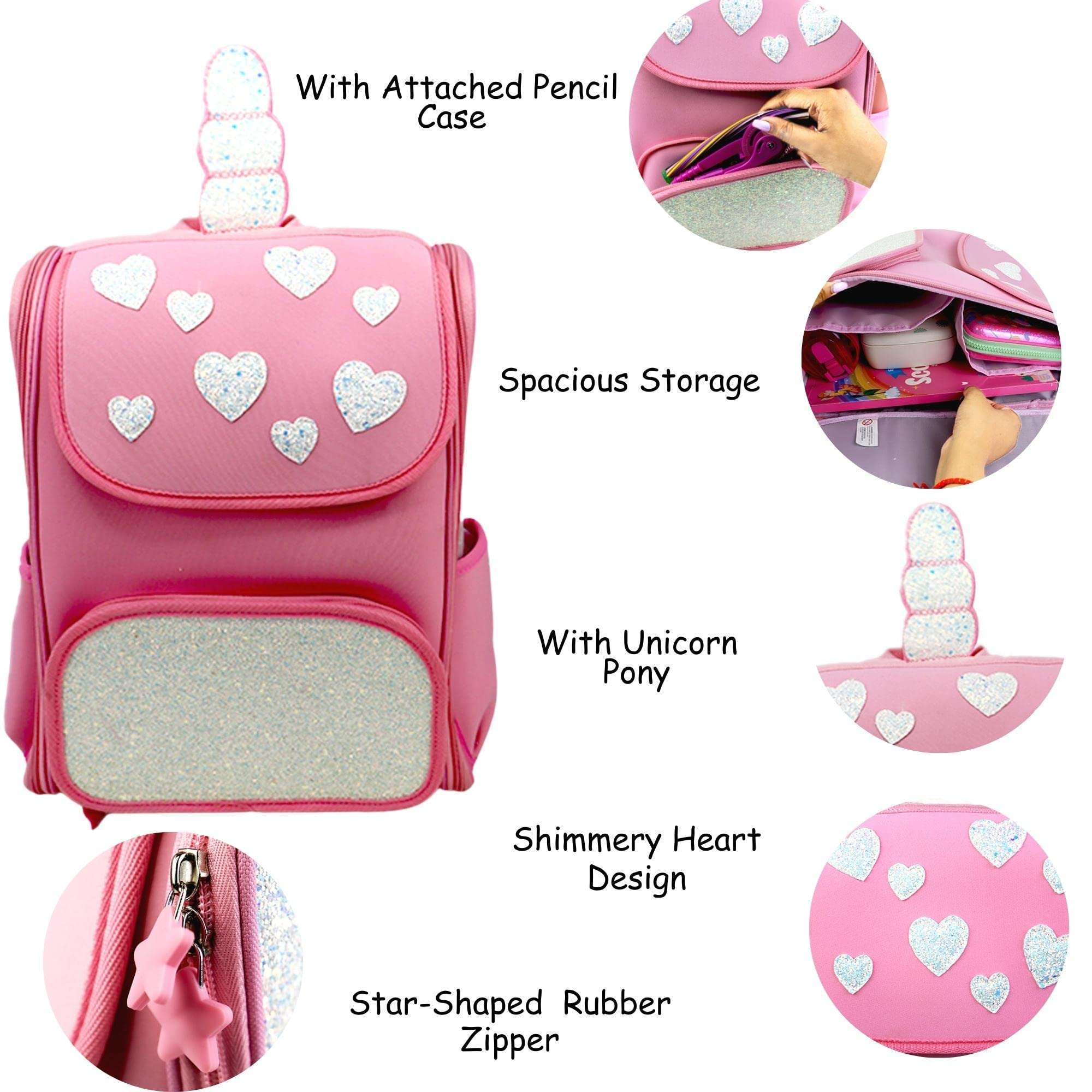 Heart to Heart Bag | Attached EVA Case | With Eye-Catchy Unicorn Pony | Heavenly Shimmery Design | Fits 16” Laptop | 14 L 4