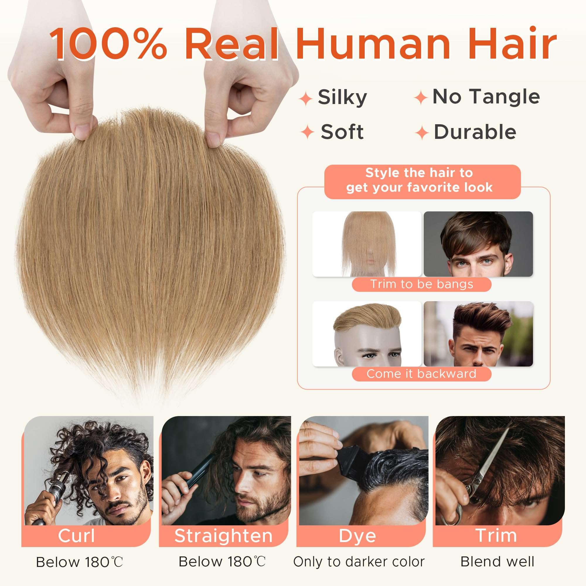 SEGO Men's Hairline Toupee 100% Human Hair Forehead Hairpiece V-Shape 1.57"x7" PU Thin Skin Base Natural Hairline Replacement（Hair:6" Long-#27 Dark Blonde 4